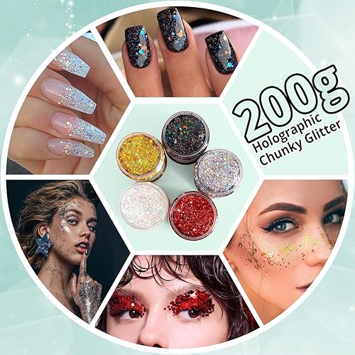 Miniatura 5 de HTVRONT Purpurina holográfica gruesa negra, 7.05 onzas7 onzas, purpurina holográfica gruesa mezclada con purpurina fina a granel, purpurina