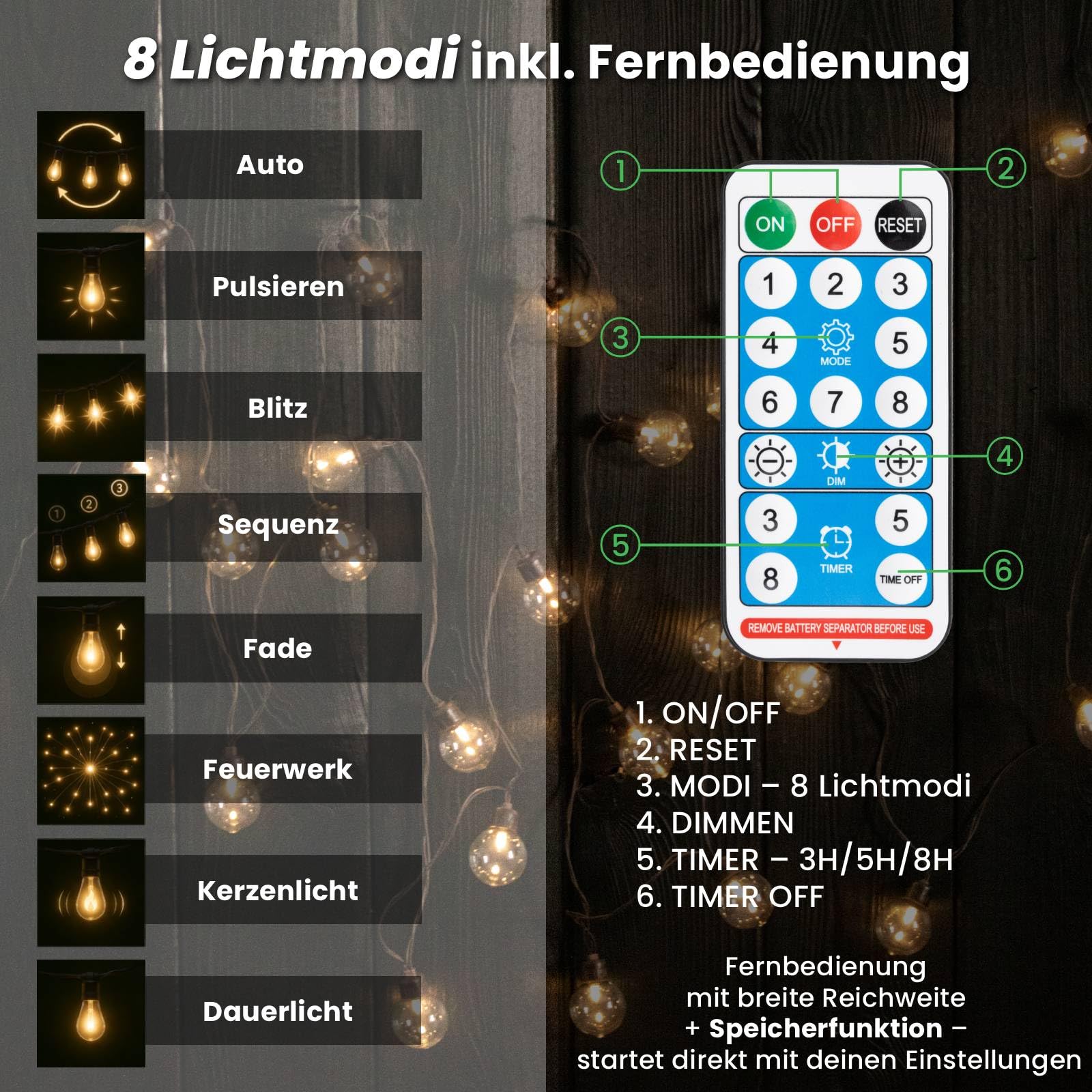 Lumiled Solarny łańcuch świetlny do użytku na zewnątrz, 7 m, 20 diod LED + 2 zapasowe żarówki, pilot zdalnego sterowania, IP44, odporny na warunki atmosferyczne, 8 trybów pracy, ciepła biel, 3000 K