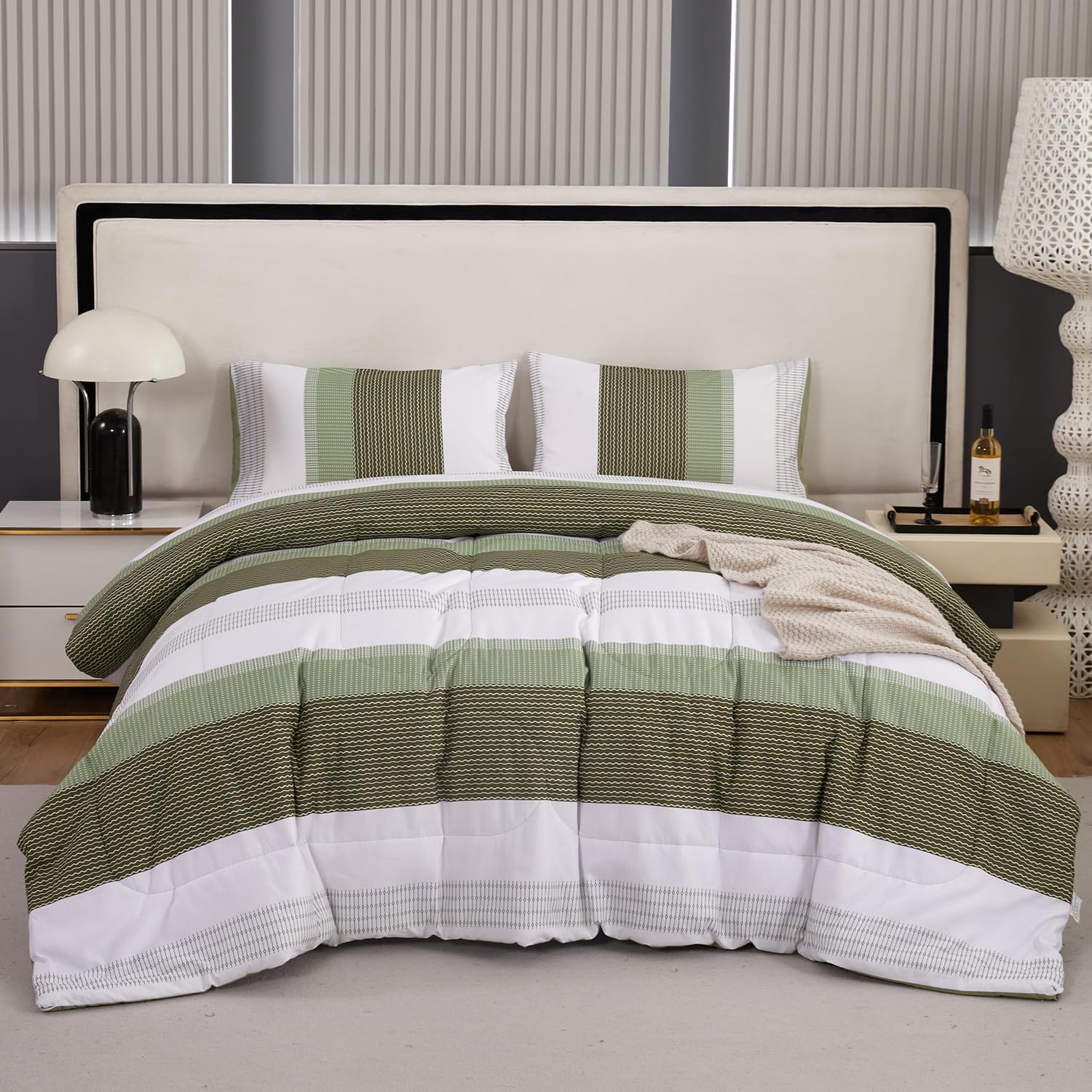 PERFEMET Olive Green Queen Comforter Set 3 Pieces Striped