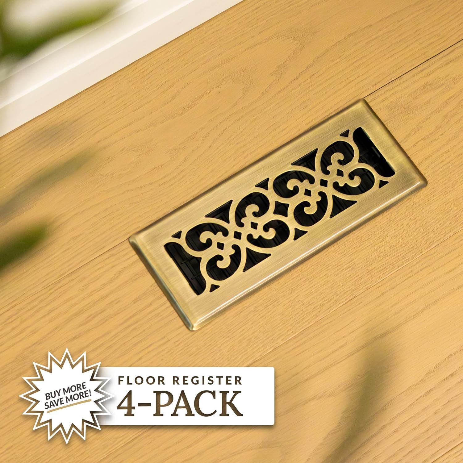 Decor Grates (4-Pack) SPH412-A Scroll Design Floor Register, 4x12 Inches, Antique Brass Finish