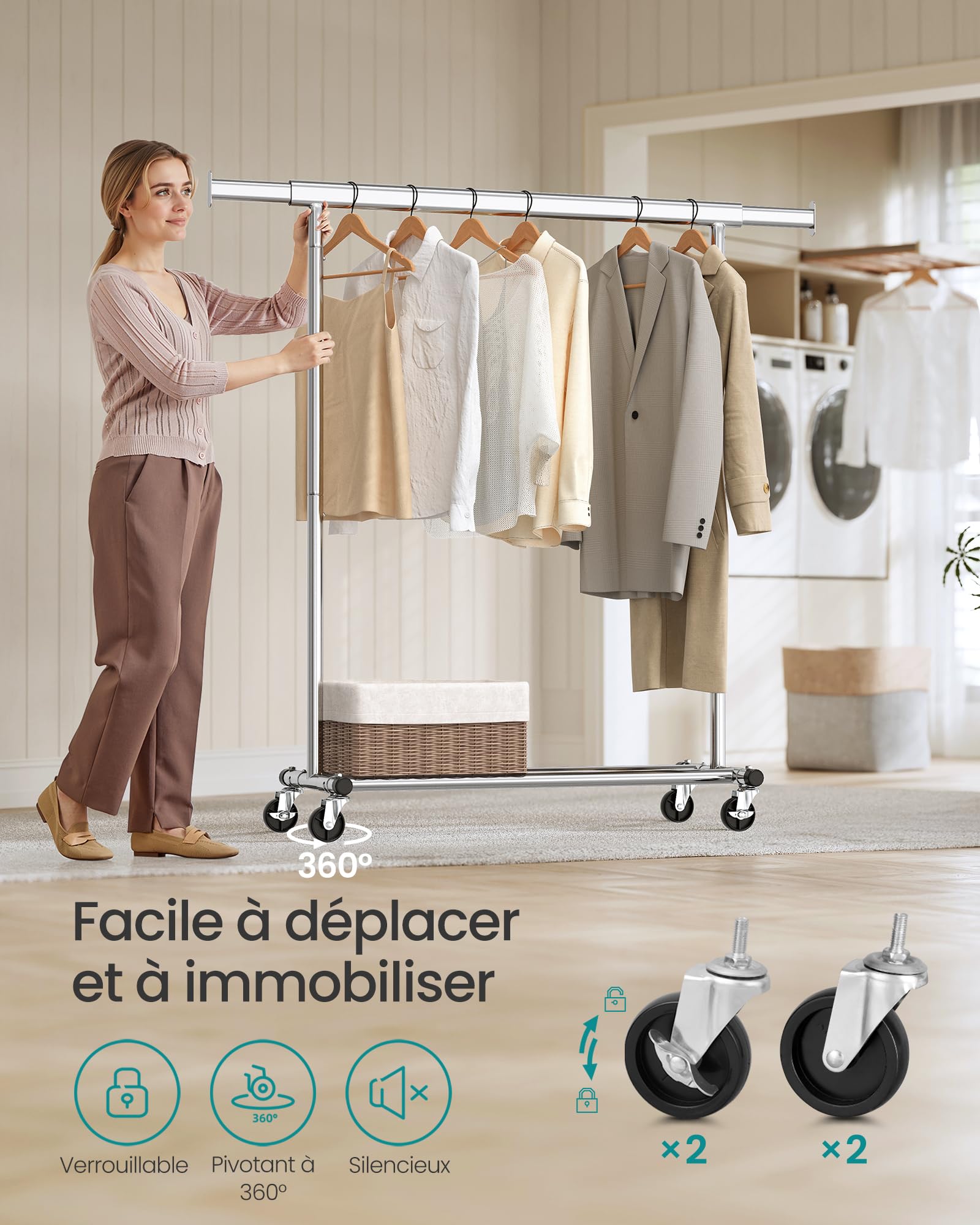SONGMICS Portant à Vêtements avec Roulettes, Tringle Extensible pour Charge Lourde, Porte-manteau, Capacité de Charge 100 kg, 45 x (92-132) x 161,5 cm, Montage Facile, Argent HSR13S