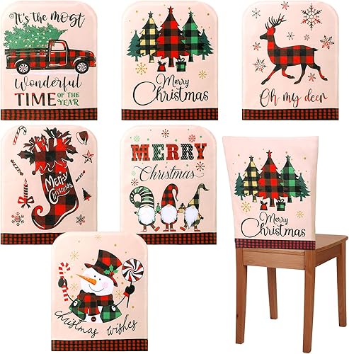 Ganeen 6 fundas para sillas de Navidad, sombrero de Papá Noel, zapatos de elfo, de fieltro a cuadros, fundas para sillas de comedor de Feliz