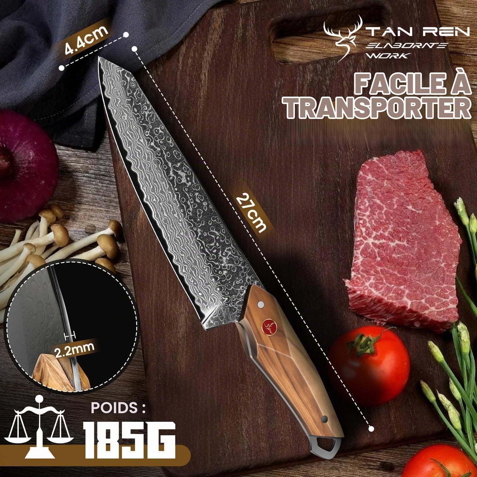 TAN REN Damas Couteaux, Couteaux de Chef Professionnels Forgés à la Main, Couteaux de Chef Damas avec Coffret Cadeau, Couteaux à Découper Exceptionnellement Tranchants