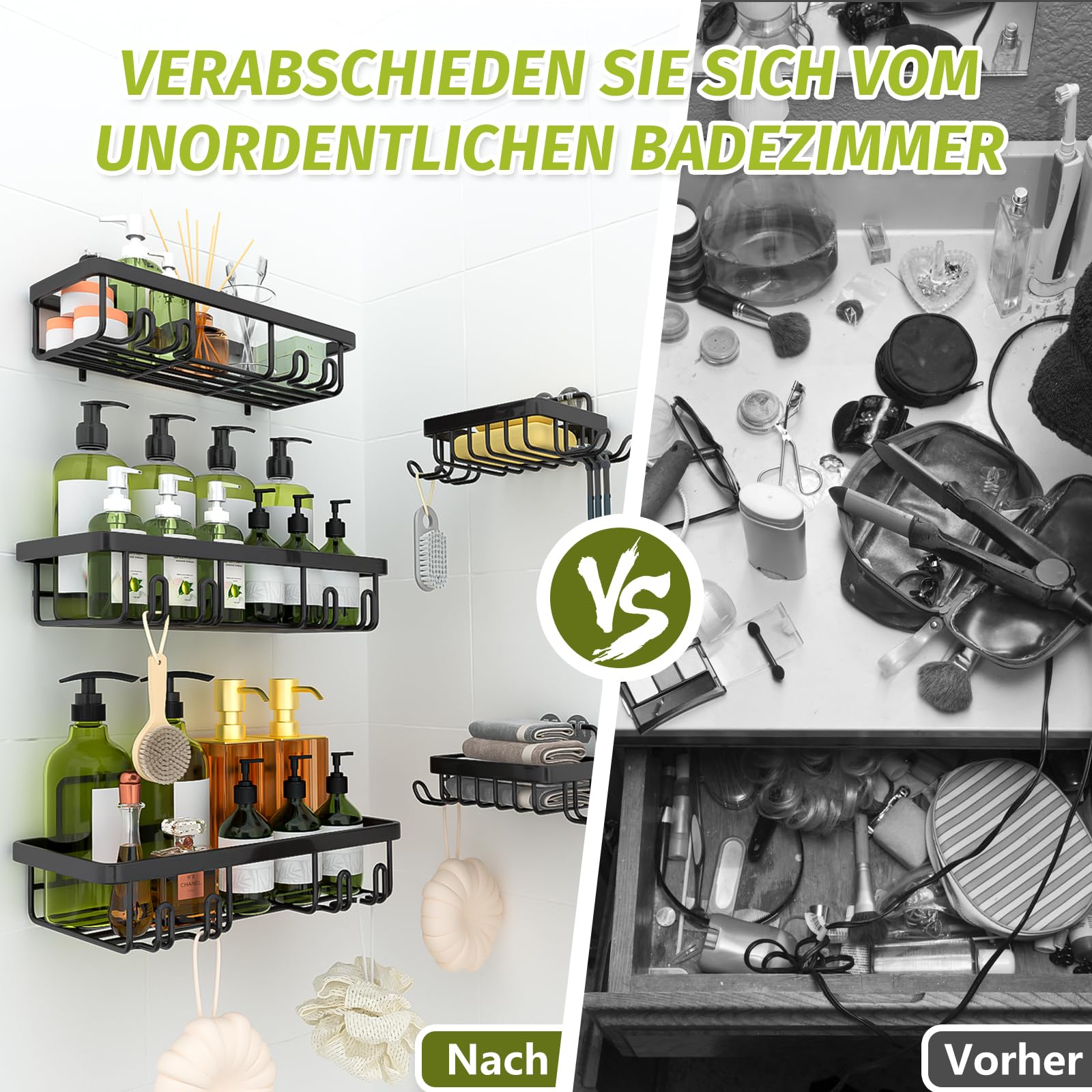 Duschablage Ohne Bohren 5 Set mit Seifenhalter Badezimmer Regal Badezimmer Organizer Schwarz (Packung mit 2)