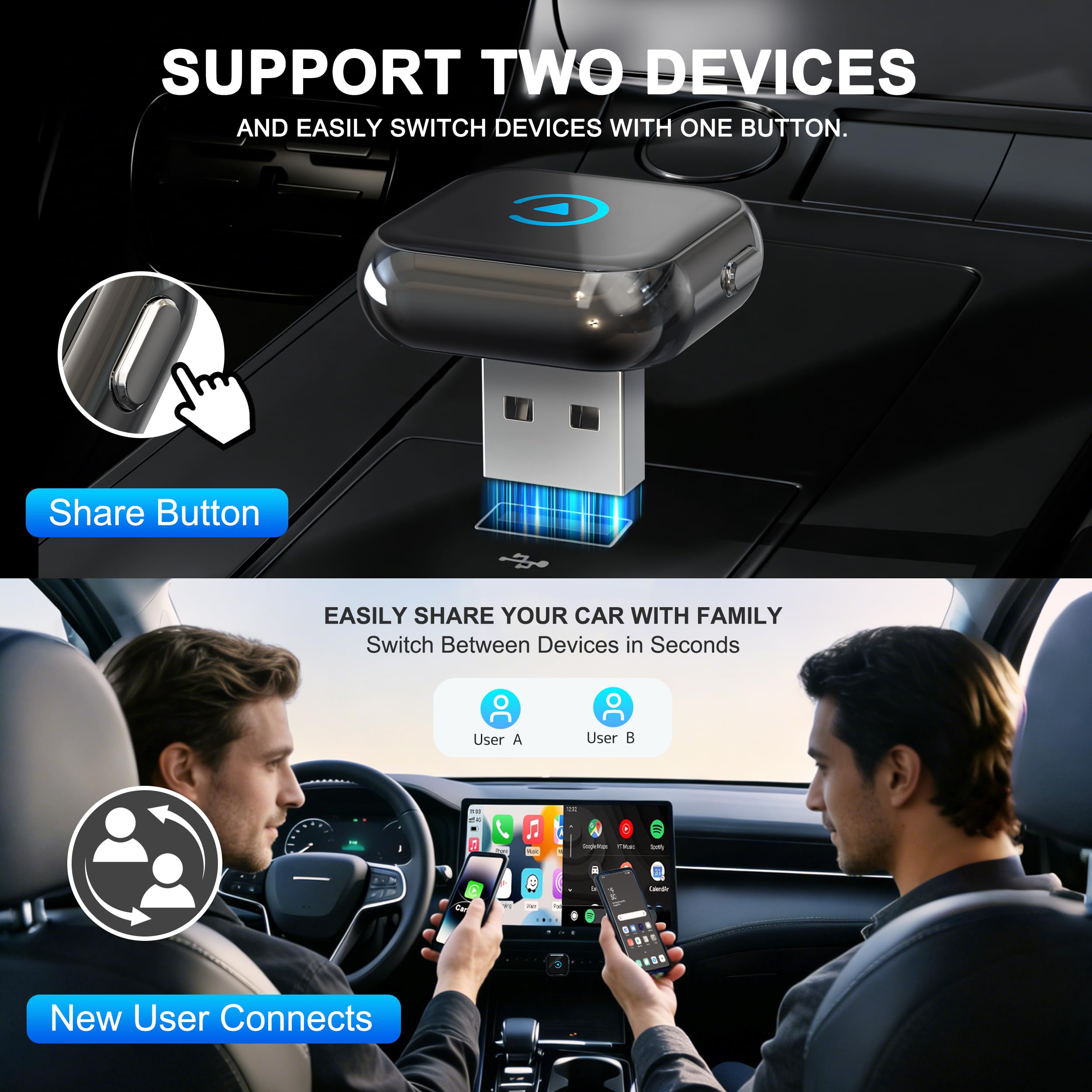 2026 Verbesserter 2-in-1 CarPlay Wireless Adapter mit Instant 2-Phone Switch für Apple CarPlay/Android Auto,Plug & Play, Bluetooth 5.3 und Wi-Fi 6, verzögerungsfrei, automatische Verbindung