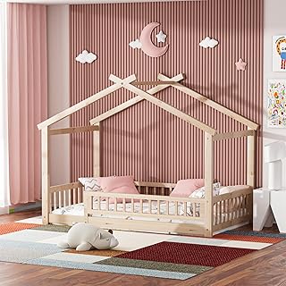 Twin House Bed with Fence, Wooden Montessori Bed with Slats Support, Floor Bed Frame for Boys Girls Bedroom, Natural