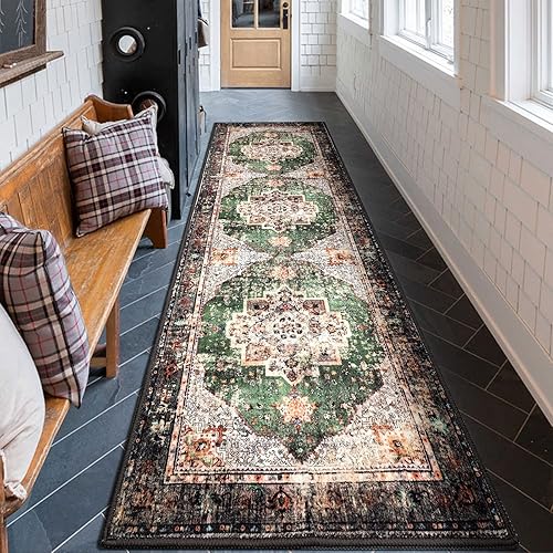 Vista 54 de Alfombras pequeñas de 2 x 3 pulgadas para entrada, alfombra bohemia verde para baño, pasillo, alfombra de cocina vintage, antideslizante, lavable