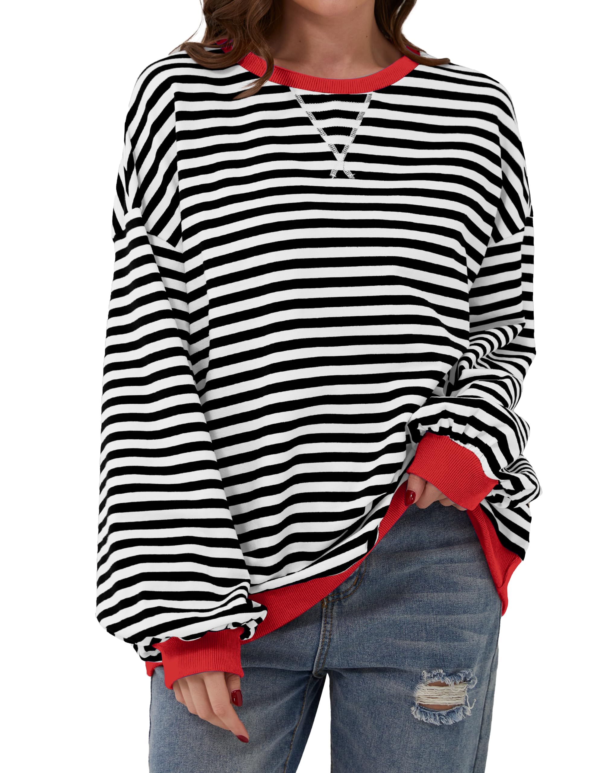 Chicrise Sweatshirt Damen Oversized Striped Langarmshirt Gestrickt Rund Ausschnitt Oberteile Schwarz-Weiss Gestreift Klein 34-36