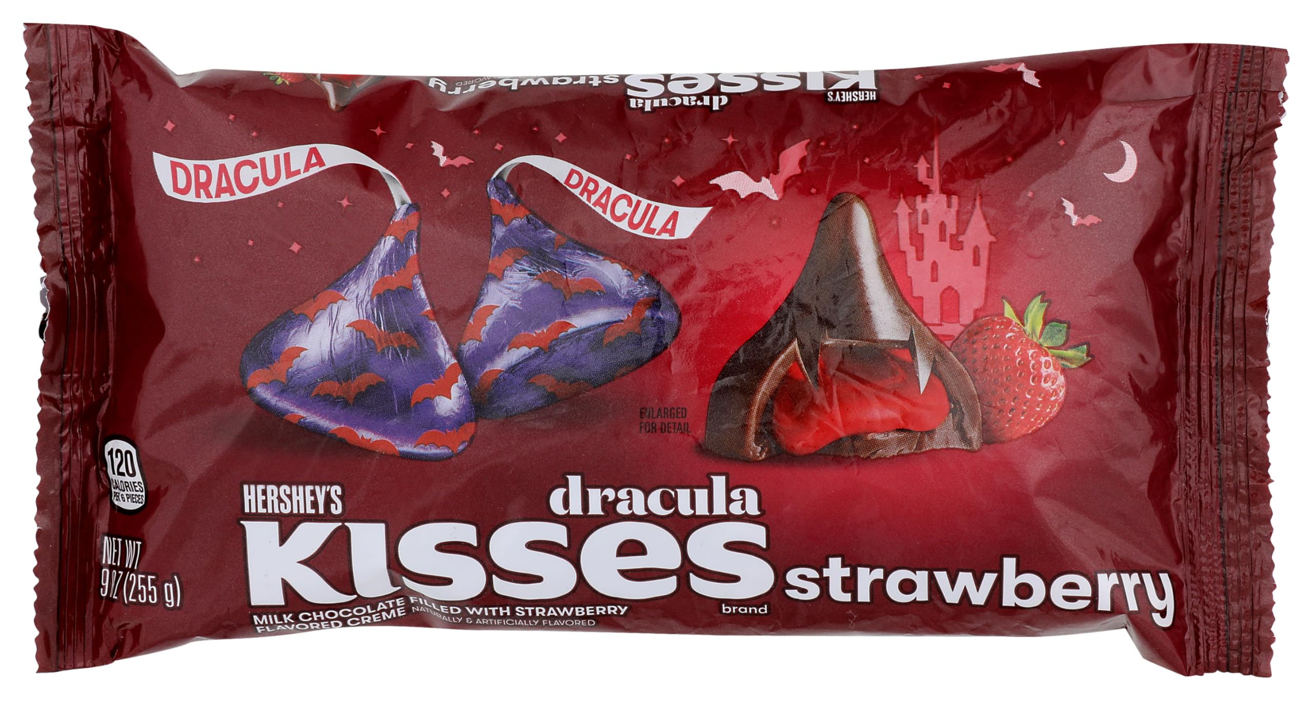 HERSHEY'S KISSES Dracula Milk Chocolate with Strawberry Flavored Creme Candy, Halloween, 9 oz Bag
