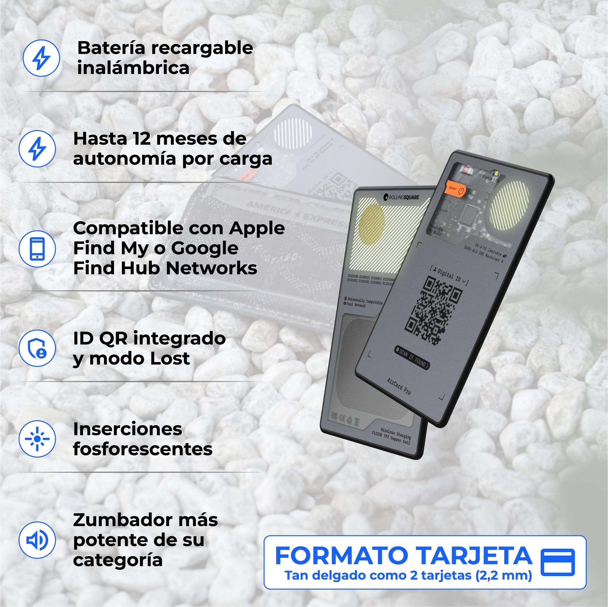 Rolling Square AirCard Pro Dual - Tag Localizador Android y Apple Compatible con Apple Find My y Google Android Find Hub, Smart Tag con Carga Inalámbrica ID Digital, Buscador de Llaves Cartera Gris 2x