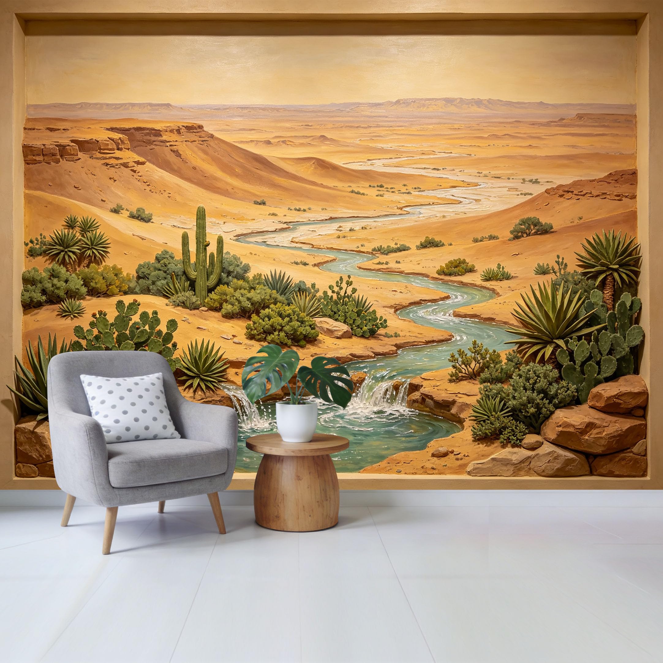 Qzlithotic Yq2605251149 Custom Size Wall Mural Desert Canyon River Landscape Saguaro Cactus Oil Painting Selfadhesive Wall Fabric Removable Wallpaper For Home Office Decor
