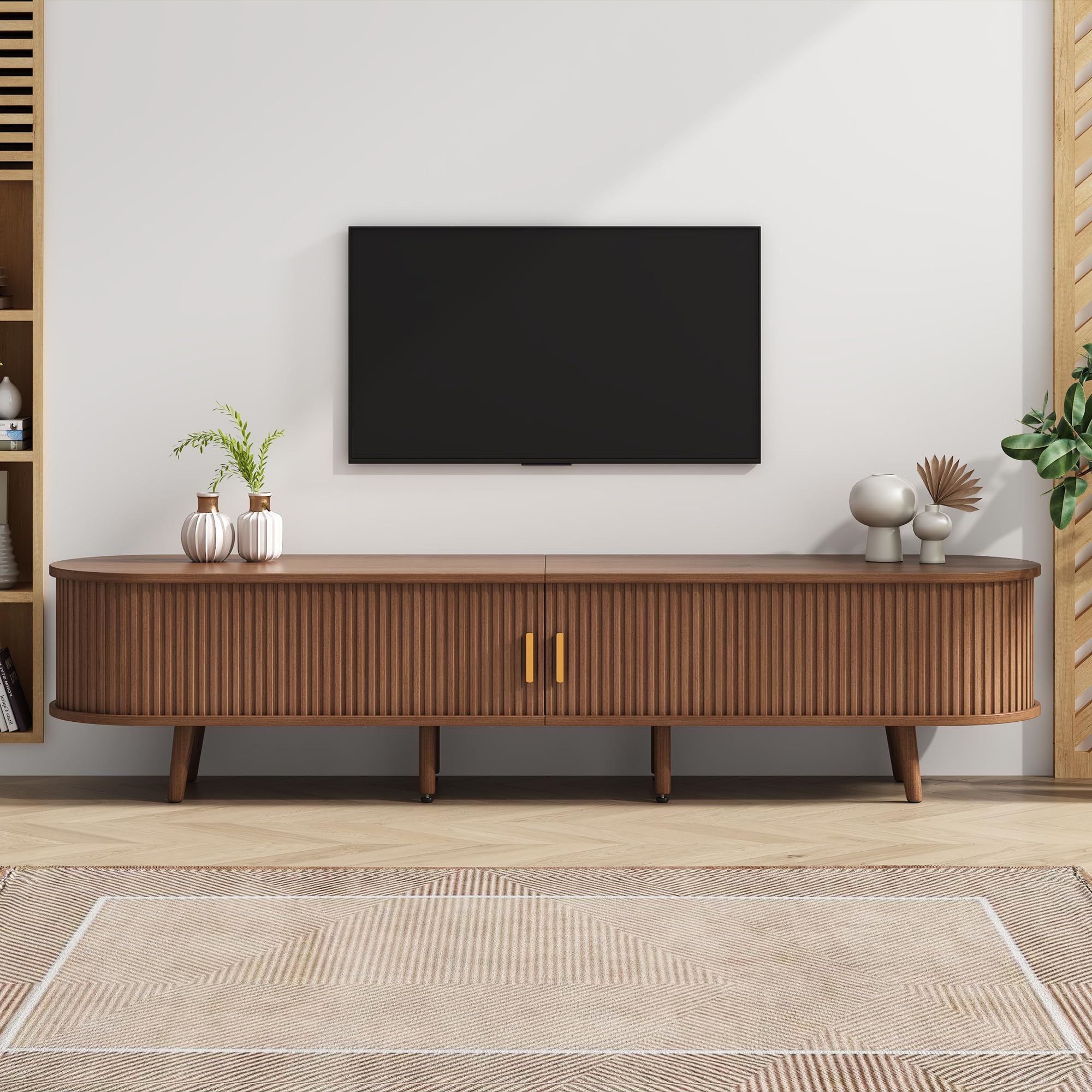 TV Stand with 2 Drawer 2 Sliding Doors 2-Tier Storage Shelf,Oval TV Cabinet Storage Sideboard with Rounded Corners for livingroom bedroom,175*40*42cm,Dark Oak,MDF,weight capacity 30kg,for 70inch TV โ image 1