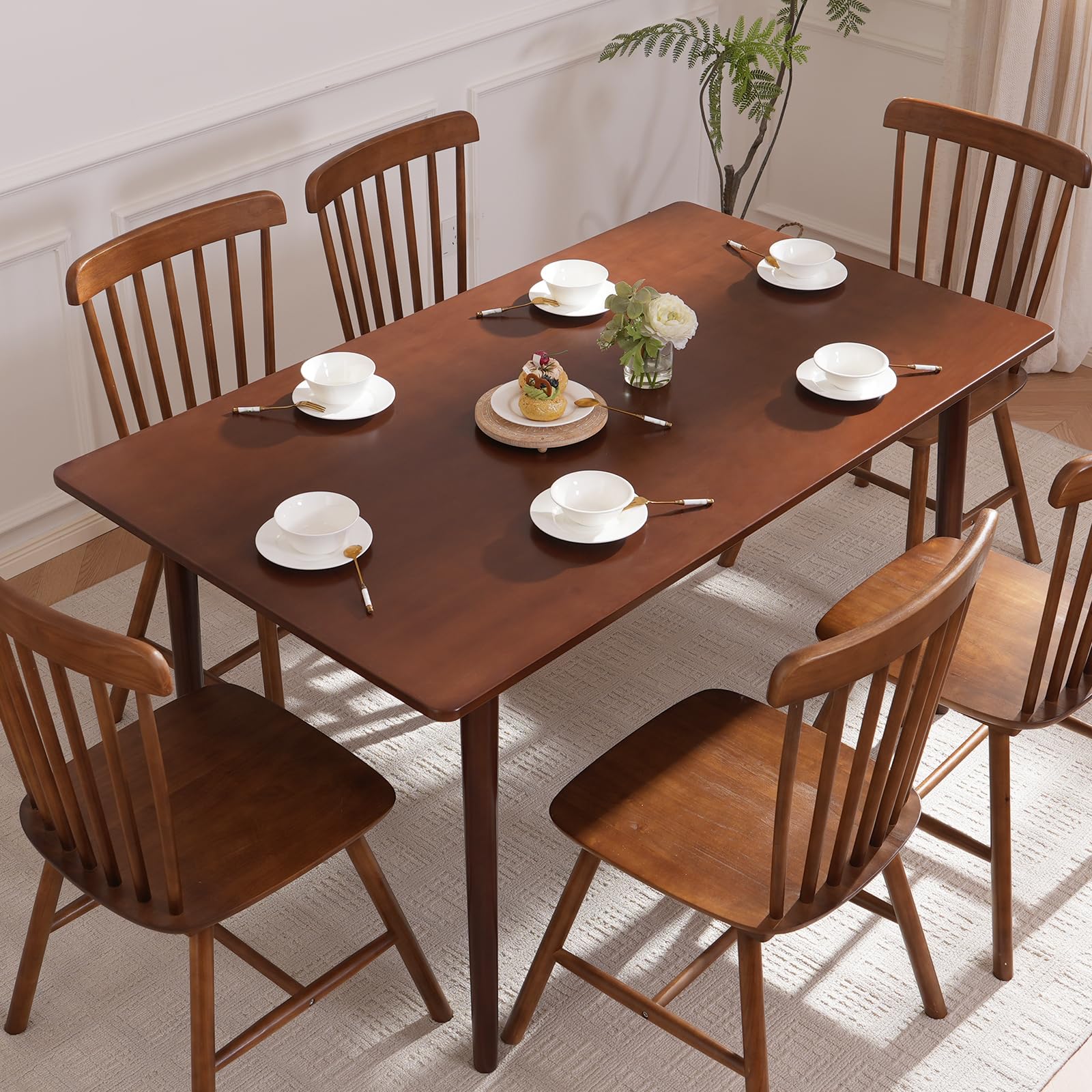 BAKEVE Bamboo Dining Table for 4-6-8 Person- 55'' Solid Wood Kitchen Table, Mid Century Modern Desk, Farmhouse Rectangular Dining Room Table for Living Room, Office, Kitchen and Study (Walnut)