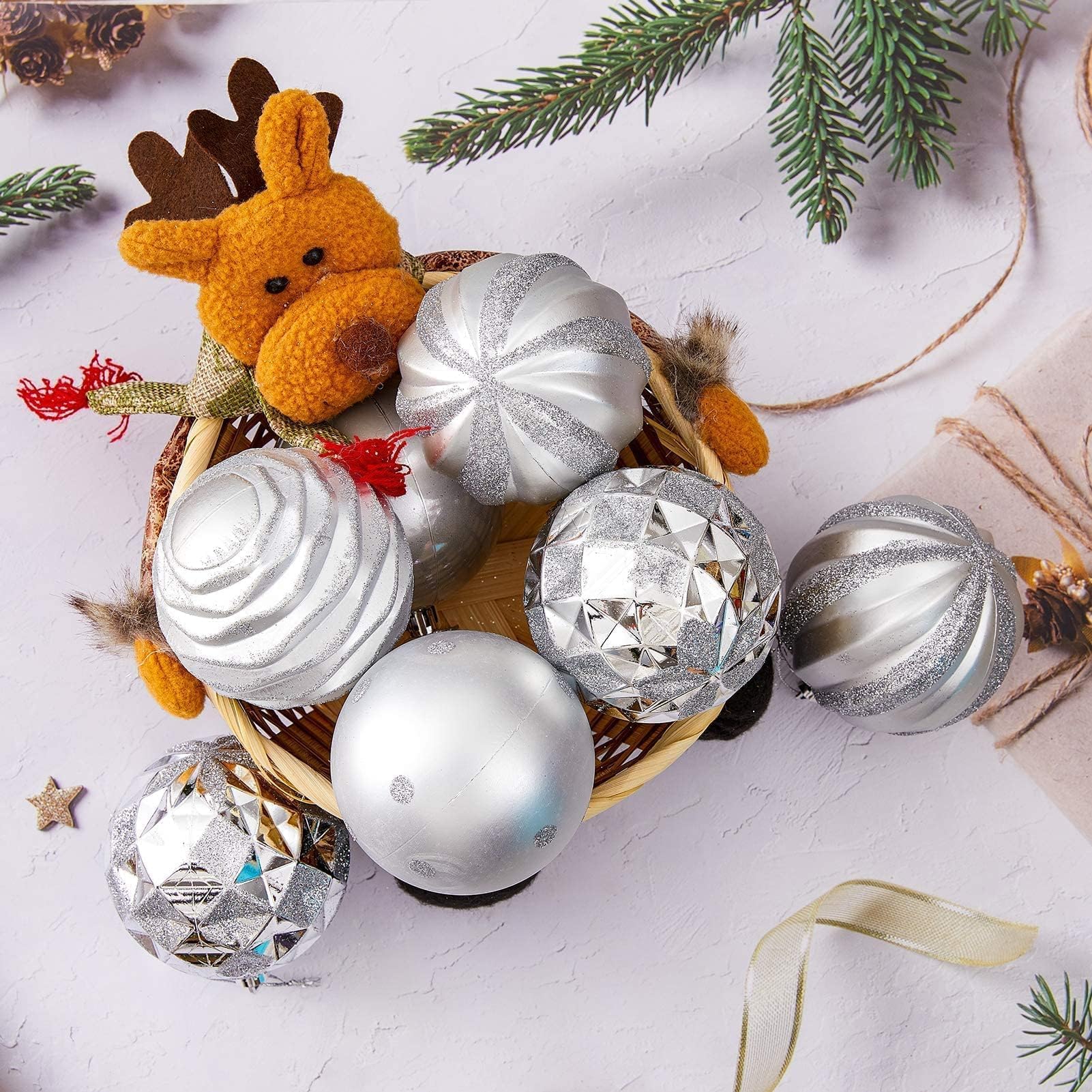 Lot de 12 boules de Noël décoratives à suspendre en plastique incassable - 80 mm - Argenté