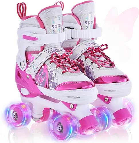 TOMSHOO Patines de ruedas para niñas y niños, 4 tamaños, ajustables, con ruedas iluminadas, de 3 a 5 años, 5 a 8, 6 a 12 años, para regalo de