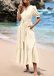 PRETTYGARDEN Robes d'été pour femmes 2026 Élégant Classy manches courtes V cou volant une ligne ceintée longue plage robe de vacances