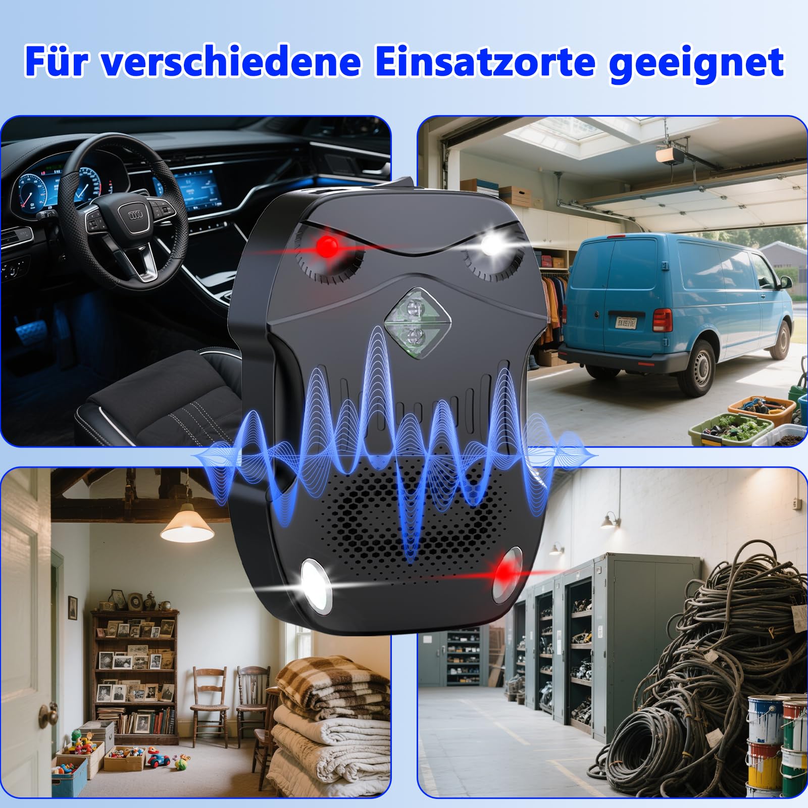 Marderschreck Auto 50-80 ㎡ | 3-IN-1 Stromversorgung AA-Batteriebetrieben & Autobatterie & USB | mit Ultraschall & Blitzlicht | Marderabwehr Auto, Haus, Dachboden, Garten (2-Pack)