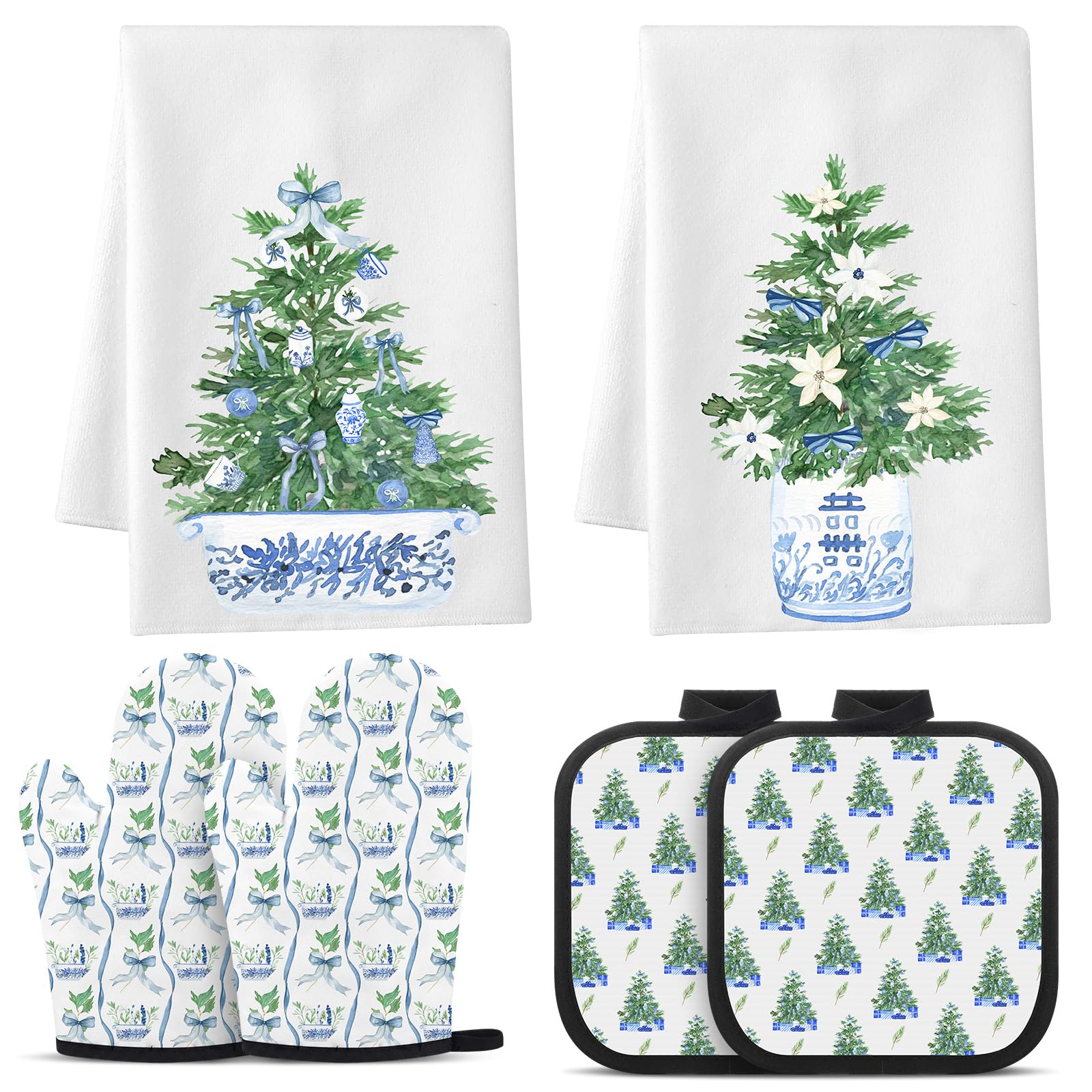 6 Pcs Kitchen Accessories, 2 Tea Towels, 2 Pot Holder, 2 Oven Mitt for Bathroom Kitchen Decor Baking Cooking Housewarming Gift (Chinoiserie)