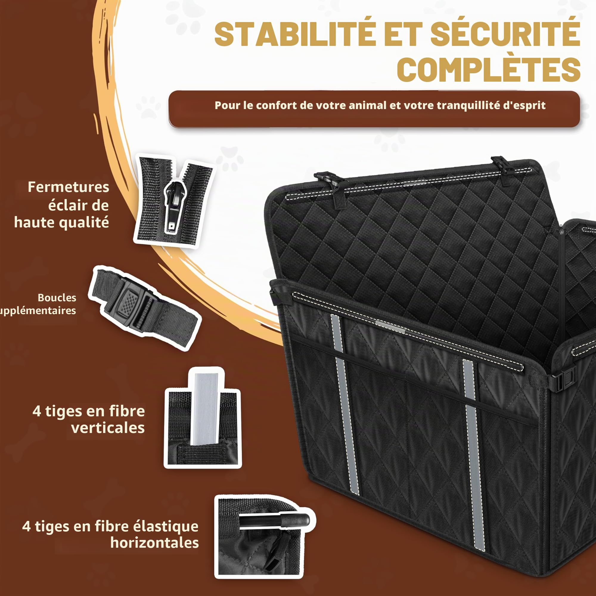 Siège Auto Chien Extra Stable et Waterproof-Transport Chien Voiture Siège Arrière avec 8 Tiges, 4 Sangles de Fixation et Ceinture de Sécurité - Jusqu'à 26 kg pour Chiens de Toute Taille