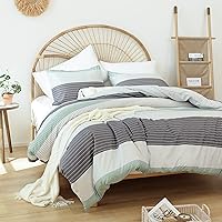 Vista 3 de JANZAA Juego de edredón tamaño Queen, color verde salvia, juego de cama de microfibra suave, juego de edredón de 3 piezas a rayas con 2 fundas