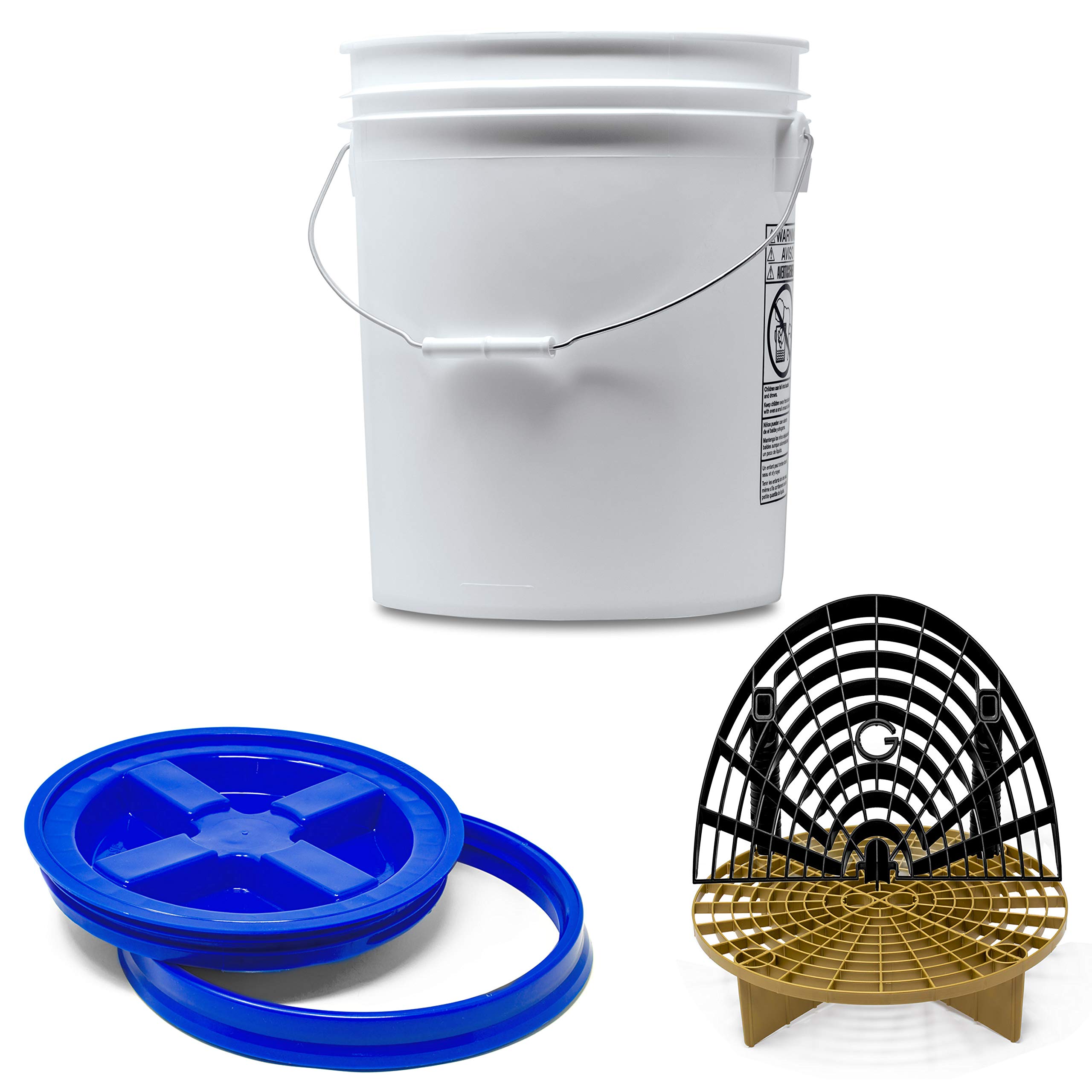 Detailmate professionelles Wasch Eimer Set: Magic Bucket Wascheimer 5 GAL (ca. 20 Liter), Gamma Seal Eimerdeckel blau, GritGuard Schmutz Einsatz Gold, GritGuard Washboard schwarz