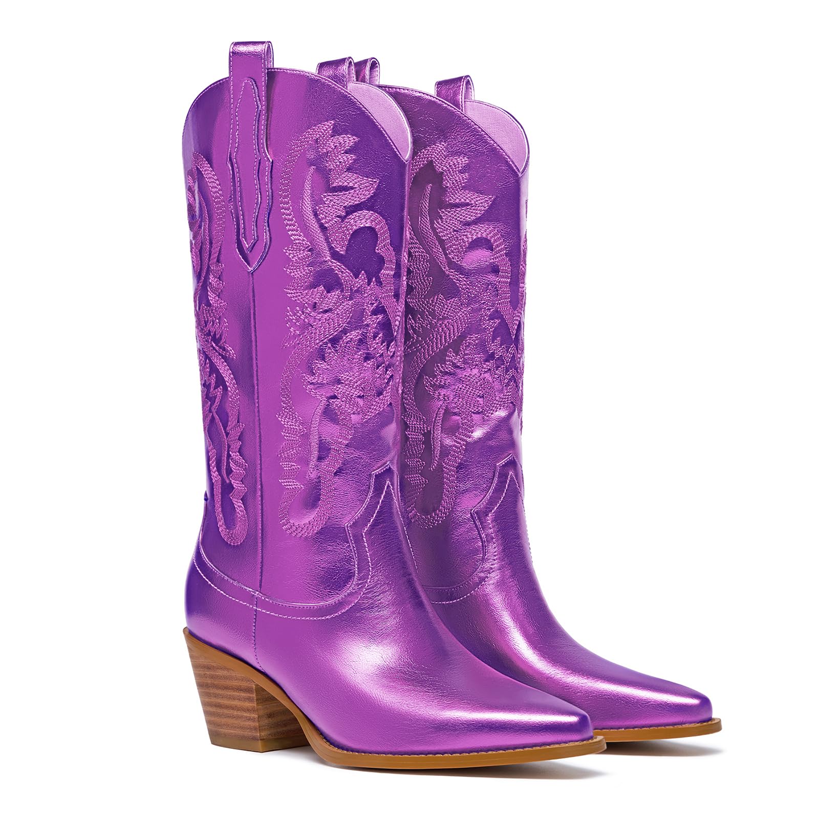 Womens Cowboy Boots Metallic Mid Calf Cowgirl Boots Wide Calf Western Embroidered Sparkly Paty Boots