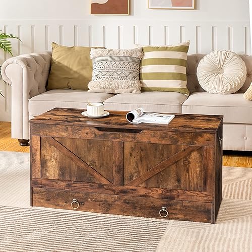 Miniatura 4 de HOOBRO Cofre de almacenamiento, baúl de juguetes de 39.3 pulgadas con cajón, banco de almacenamiento de madera, banco de entrada resistente que