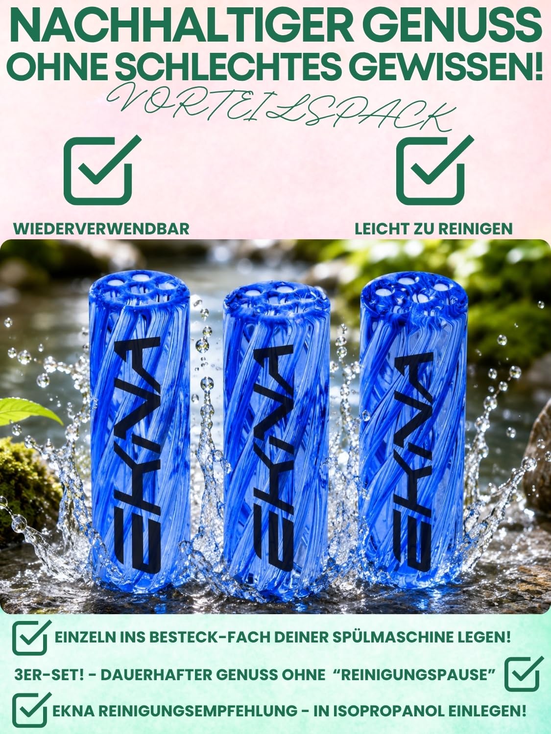 EKNA Premium spiralne końcówki szklane ustniki niebieskie – zestaw 3 filtrów szklanych Ø 8,10,12 mm – końcówki filtrujące do wielokrotnego użytku – 100% smaku, delikatny i chłodny – świadomi stylu | Odporne na pęknięcia szkło borokrzemowe