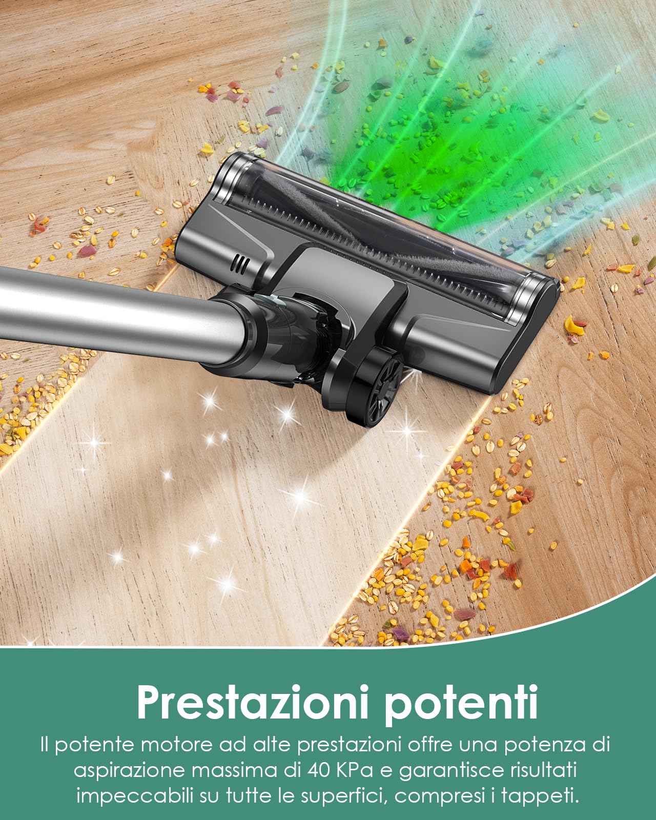 VersLife S7PRO Aspirapolvere senza fili, 500W/40KPA Scopa Elettrica, fino a 45 minuti di autonomia, display LED e luci frontali verdi, aspirapolvere autoportante per pavimenti duri, tappeti