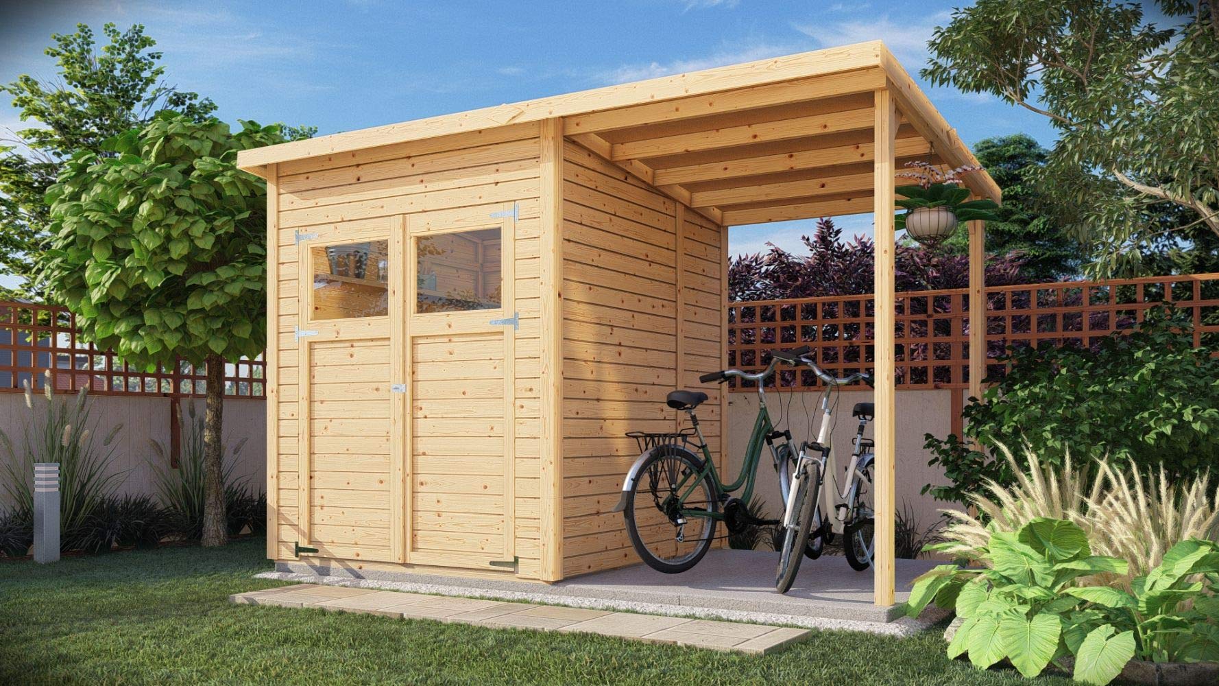 Steiner Shopping Gartenhaus Dresden 02 mit Anbaudach inkl. Fußboden, Naturbelassen - 14 mm Elementgartenhaus, Nutzfläche: 3,00 m², Pultdach