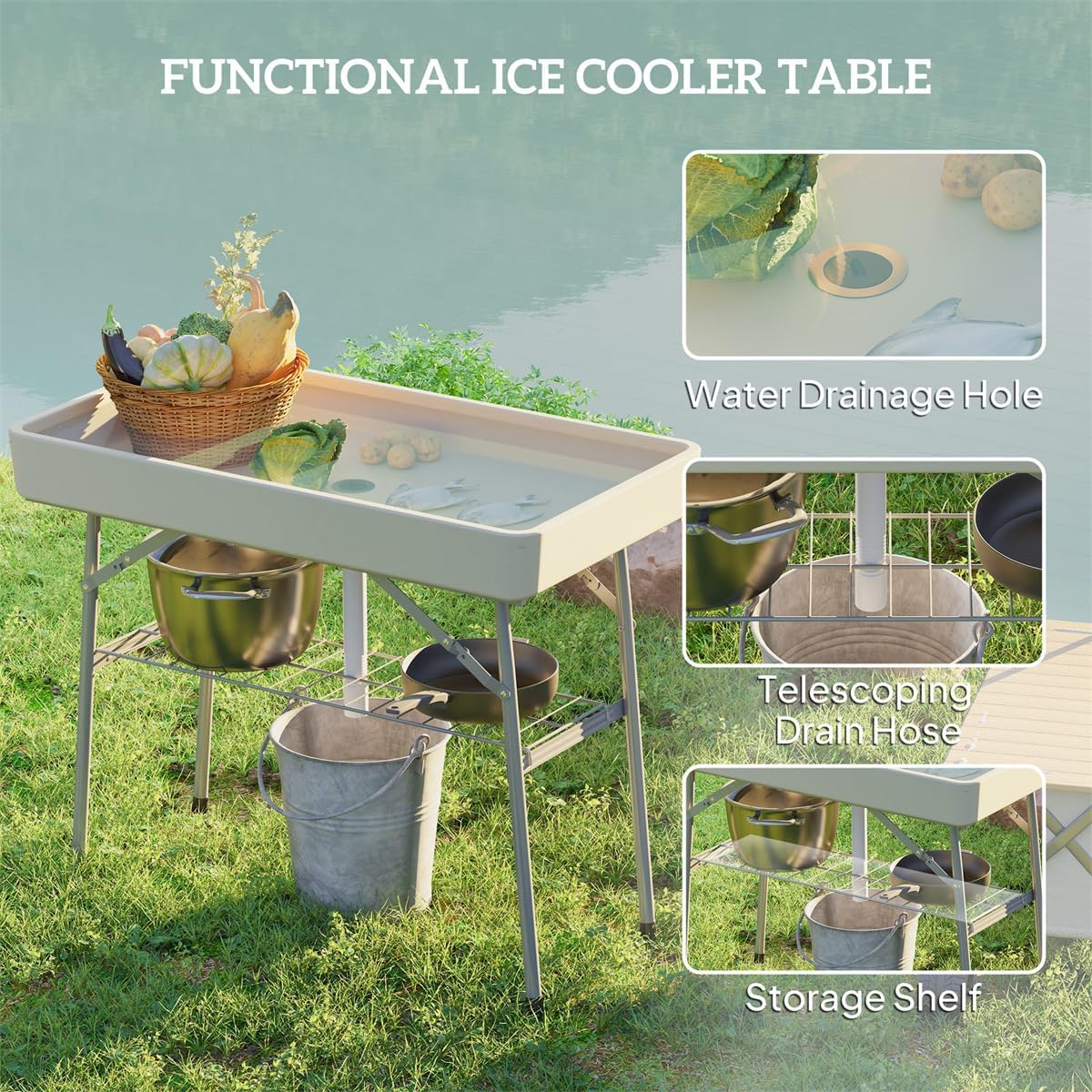 HDPE Camping Table, Portable Picnic Table for Outdoor, Beach, BBQ, Tailgating, RV, Patio, Ice Cooler Table for Parties, Ice Tables for Parties with Drain, Cooler Server for Camping, Picnic, Wedding
