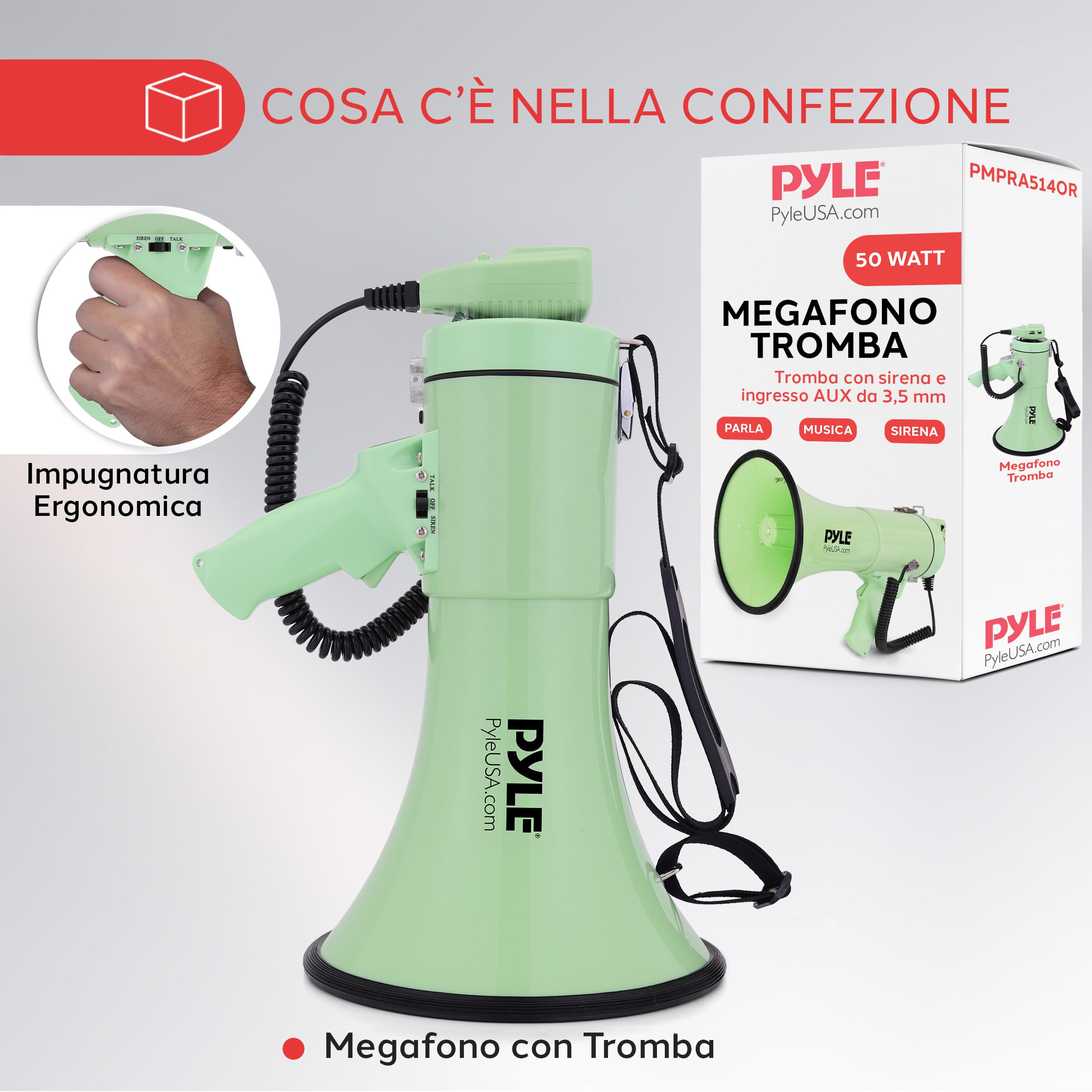 Pyle Megafono Portatile 50 Watt, Sirena Automatica, Megafono Volume Regolabile, Portata Fino a 1100 m², Ingresso Aux, Voce, Sirena, Musica, Fischio, Registrazione, Tracolla