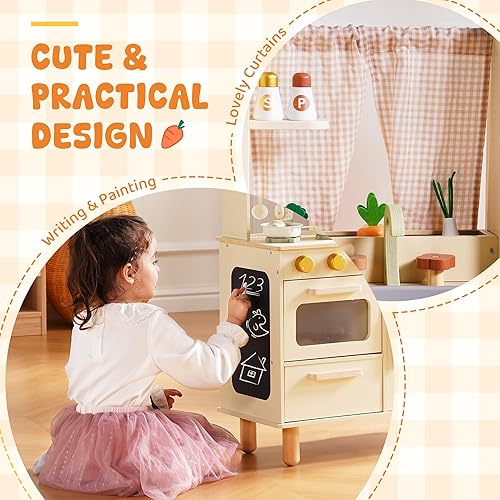Miniatura 5 de ROBUD Juego de cocina de madera, cocina de juego de simulación para niños, cocina de juguete con microondas, fregadero, estufa y máquina de hielo,
