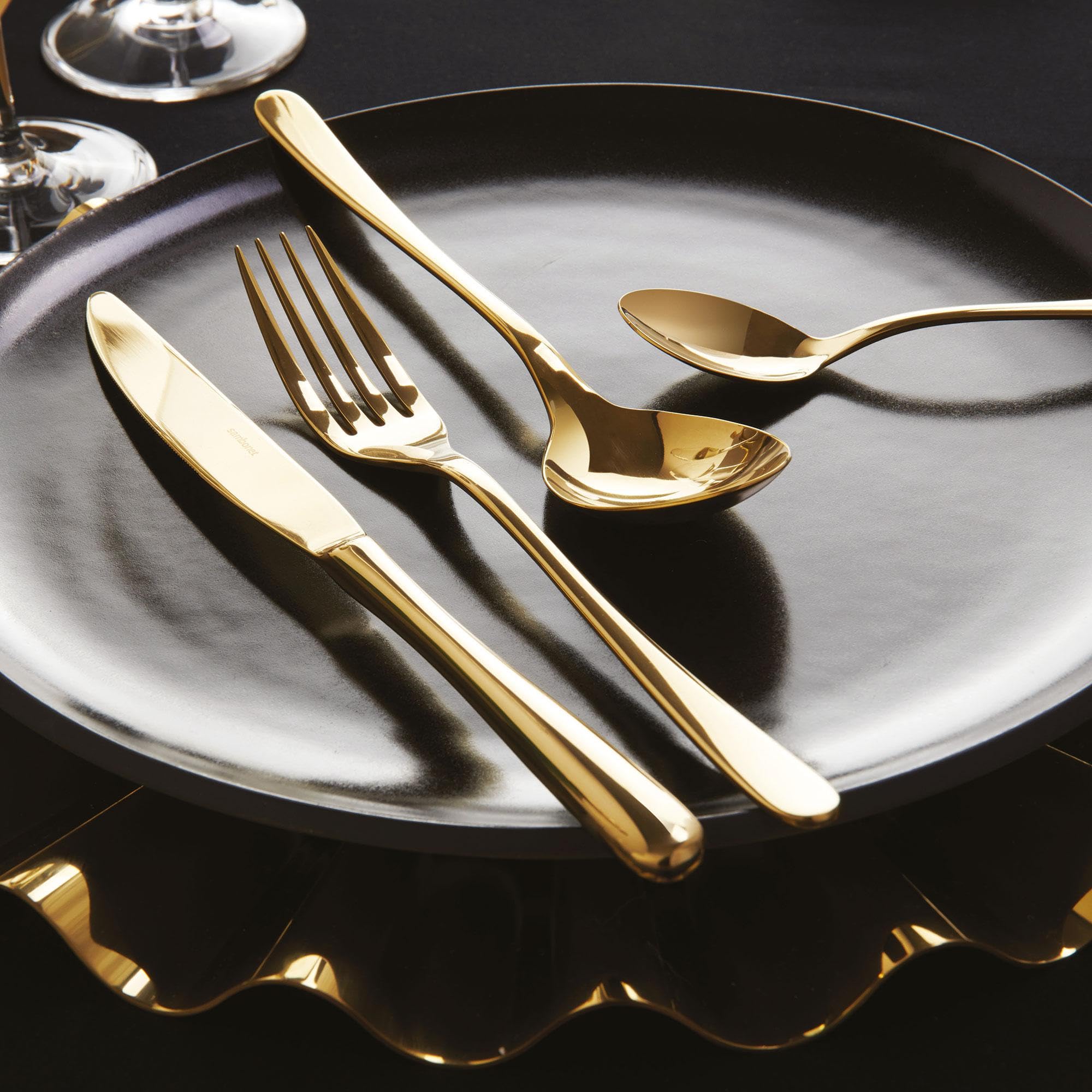 Sambonet - Taste Set di Posate da Tavola per 6 persone, 24 pezzi in Acciaio Inox finitura PVD : 6 forchette, 6 cucchiai, 6 coltelli, 6 cucchiaini da tè, Lavabili in lavastoviglie, Gold