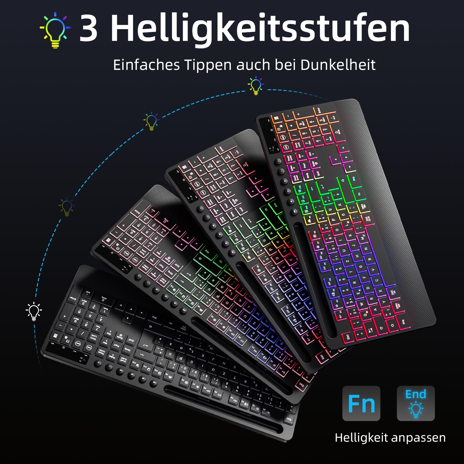 Hamile Tastatur Maus Set kabellos Beleuchtete mit Handyhalter, 2,4G QWERTZ