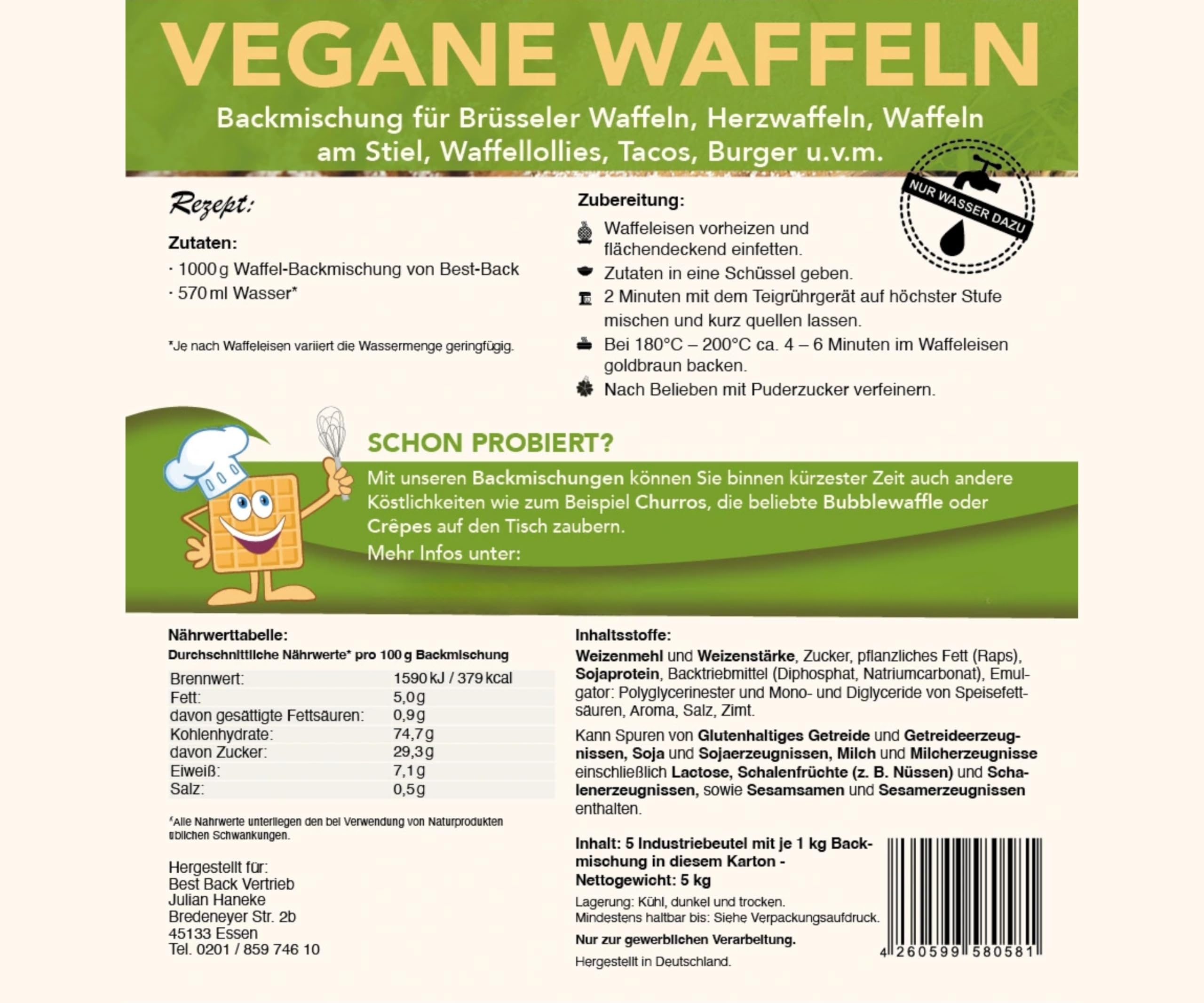 BEST BACK Vegane Waffel Backmischung 5 kg, 5er Pack (1kg)