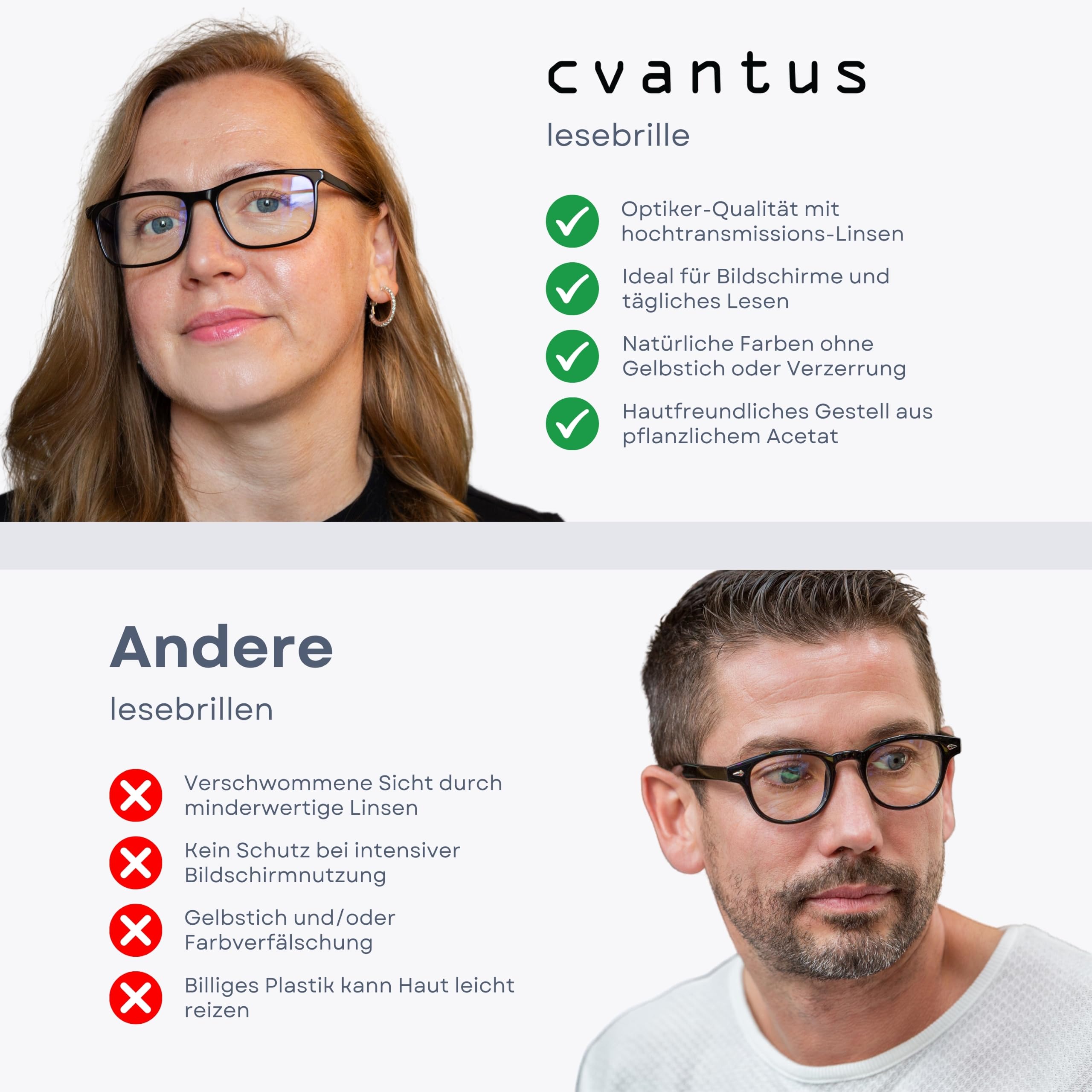 Cvantus Premium Lesebrille | Verschreibungsbrillen-Qualität - Hergestellt von Optikern | Blaulicht- und UV-Blocker, Entspiegelt | Quadratische Lesebrille Herren & Damen
