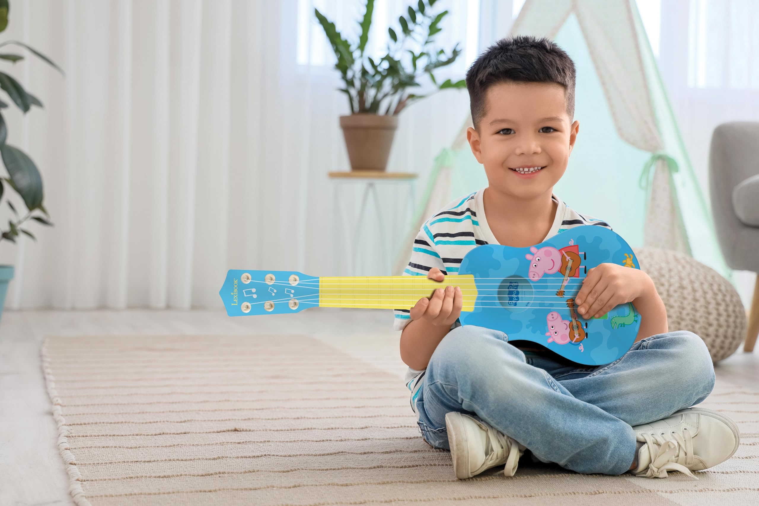 Lexibook, Peppa Pig, My First Guitar per bambini, 6 corde in nylon, lunghezza 53,3 cm, guida inclusa, blu/giallo, K200PPLXB