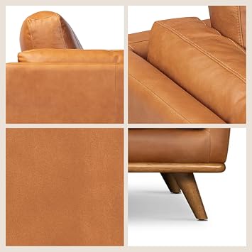 Poly & BARK Cadiz 90 Sofa Saddle Tan Full-Grain Pure-Aniline Italian Leather, Feather-Down Cushions, Solid Rubberwood Base & Legs - Saddle Tan