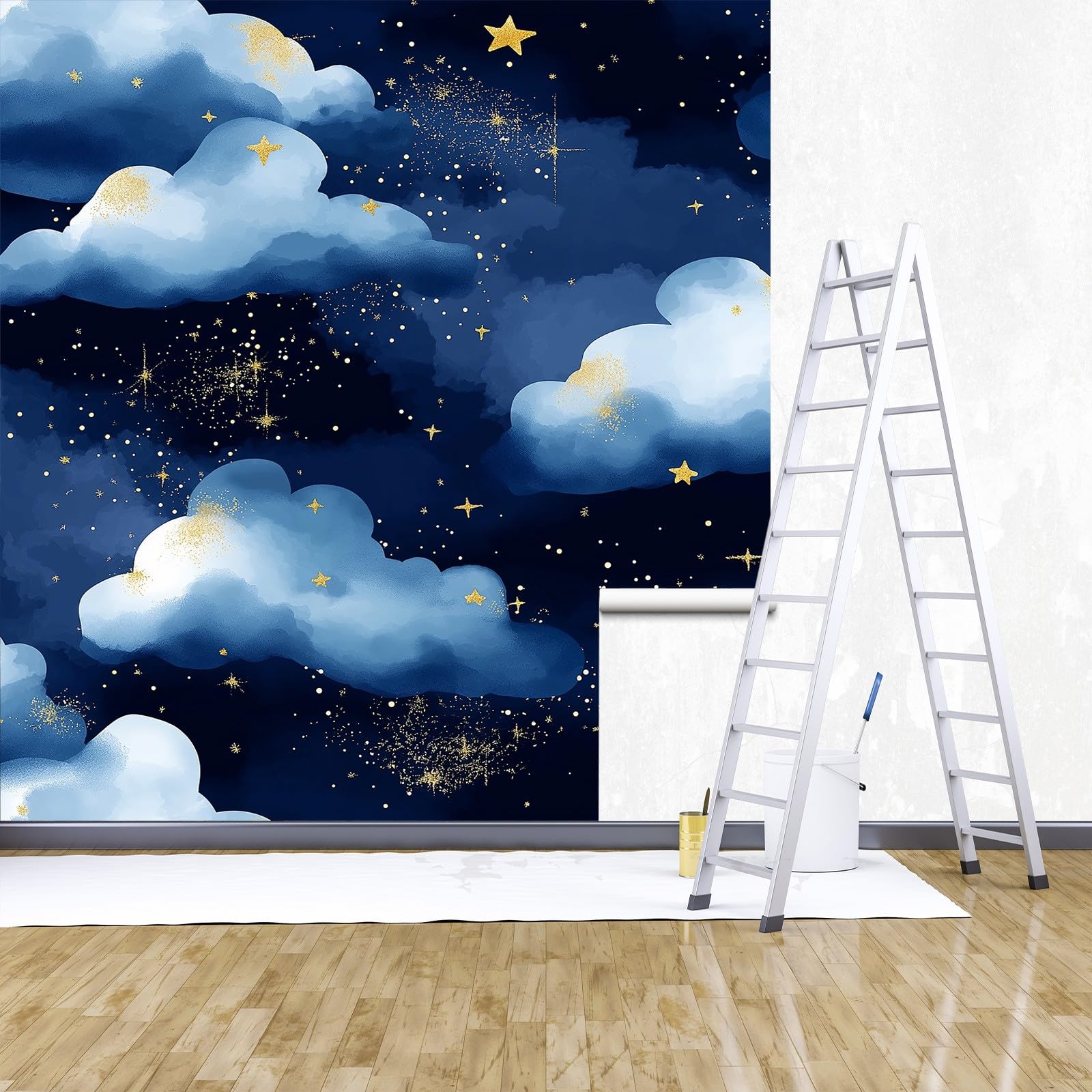 Fototapeta akwarelowa, chmury i gwiazdy, tapeta z włókniny, chmury akwarelowe, nowoczesna dekoracja ścienna, salon, sypialnia, biuro, korytarz, 400 x 280 cm (szer. x wys.)