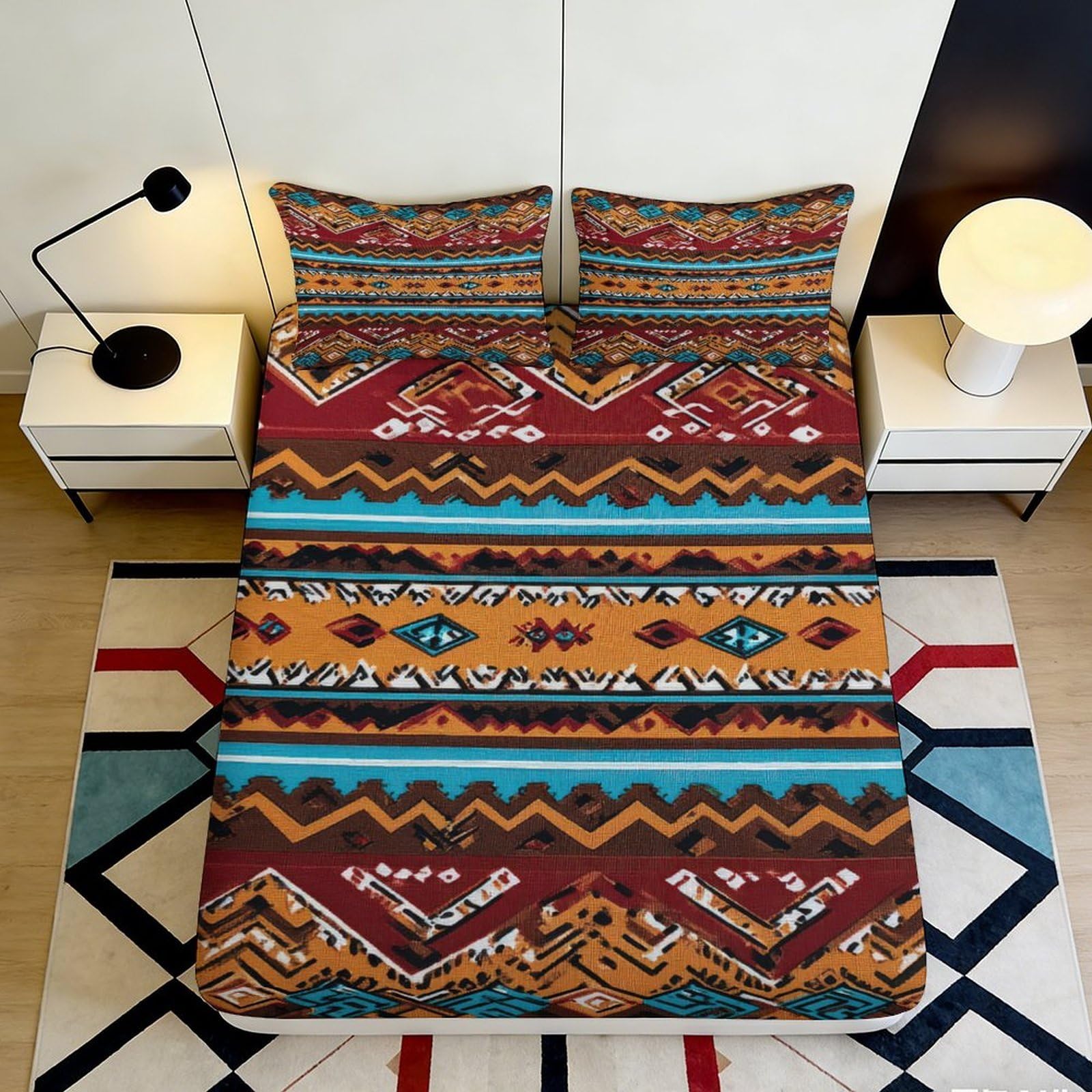3D Printed Aztec Tribal Fitted Sheet Microfiber Soft Breathable Geometric Ethnic Mattress Cover for Bedroom Guest Room Decor 90x200x25cm