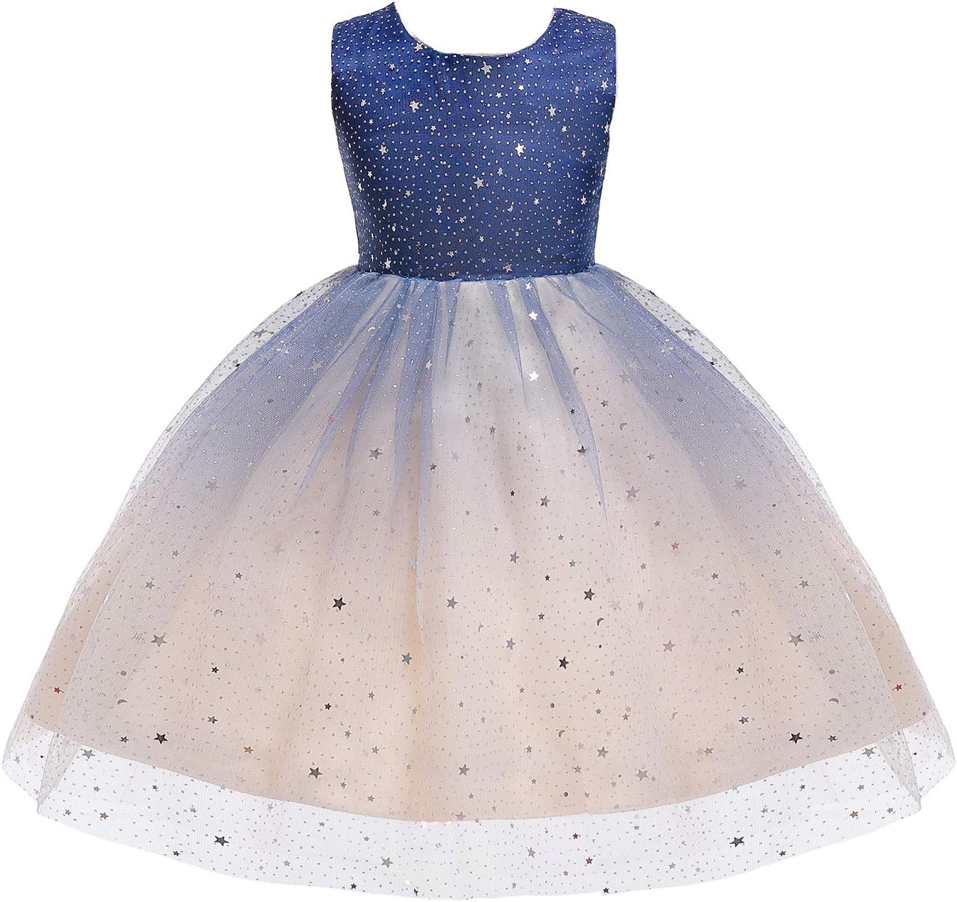 HNXDYY Little Girls Starry Printed Bowknot Birthday Party Dress Size (130) 5-6 Years Navy Blue