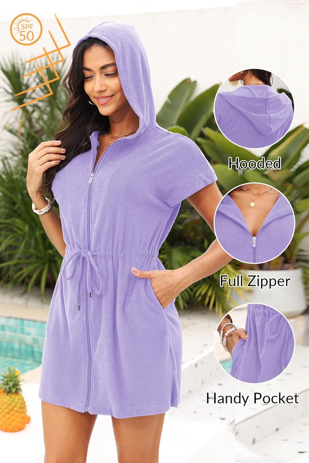 Yonique Terry Cloth Cover Ups - Hooded Cotton Swim Sun Cover-up with Zipper Pockets Beach Swimsuits