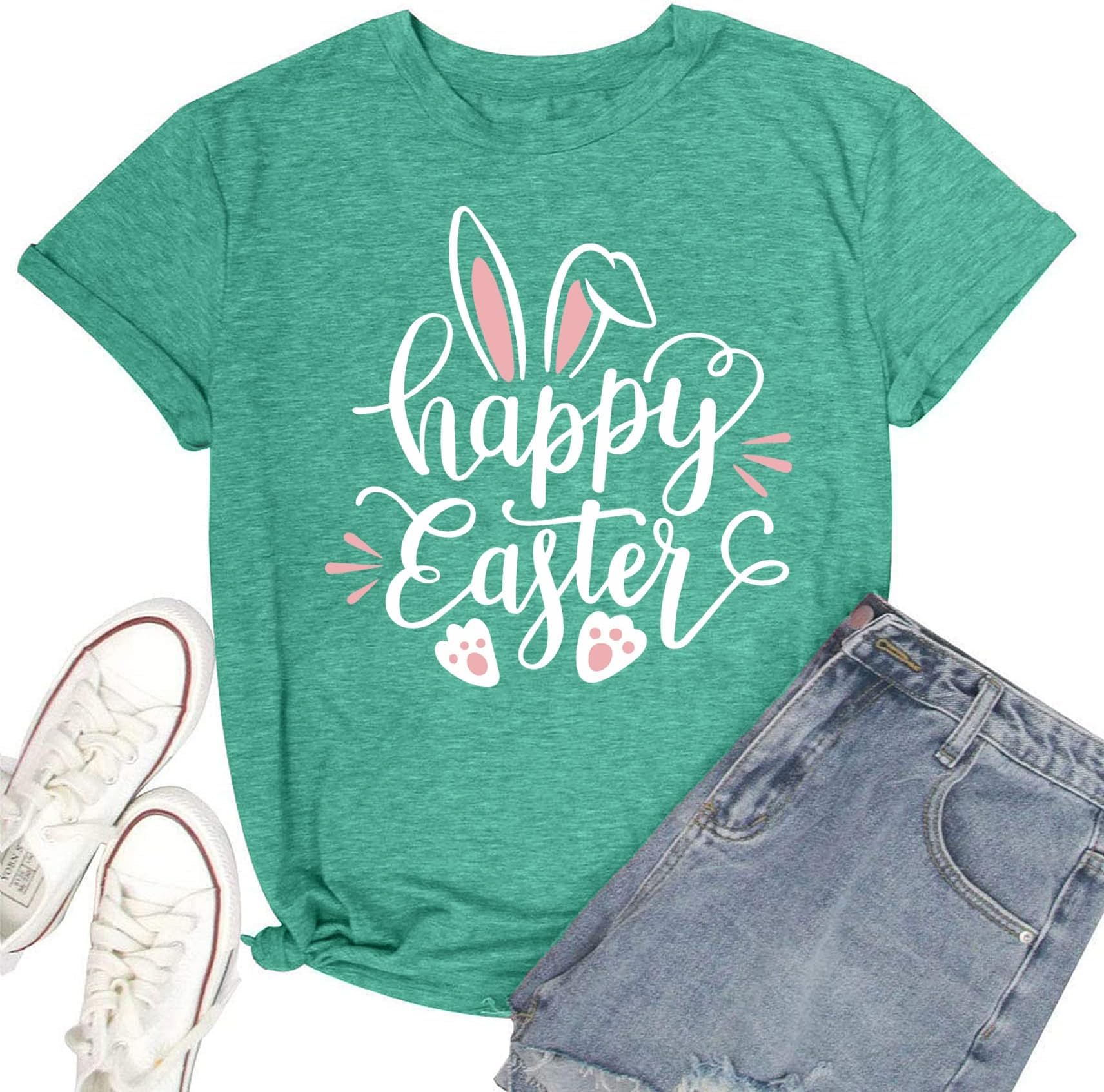 Women Happy Easter T Shirt Bunny Rabbit Graphic T-Shirt Funny Letter Printed Shirts Short Sleeve Tops