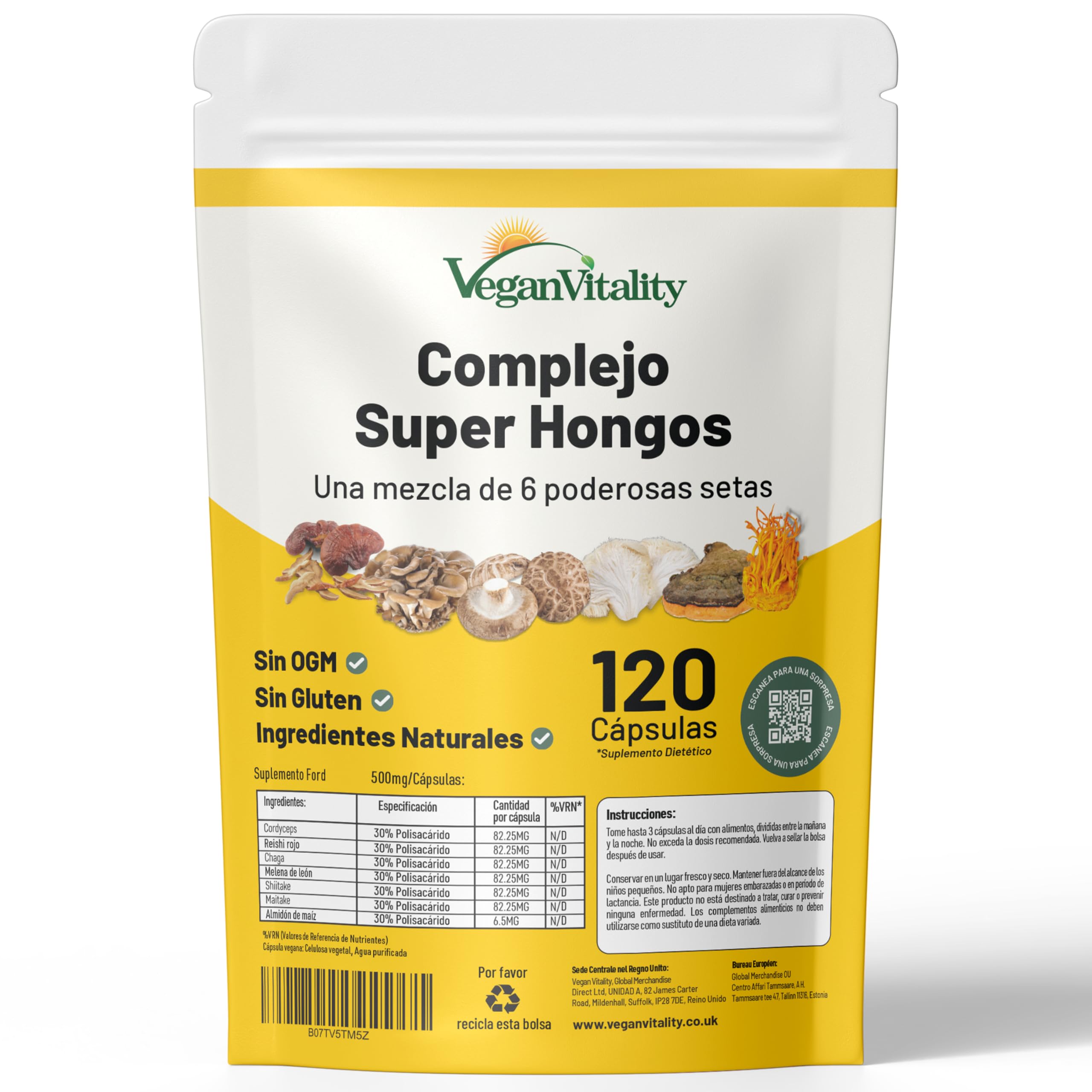 Suplemento de 6 Hongos – Reishi, Melena de León, Cordyceps, Chaga, Shitake y Maitake. 120 Cápsulas. 500mg Por Cápsula.