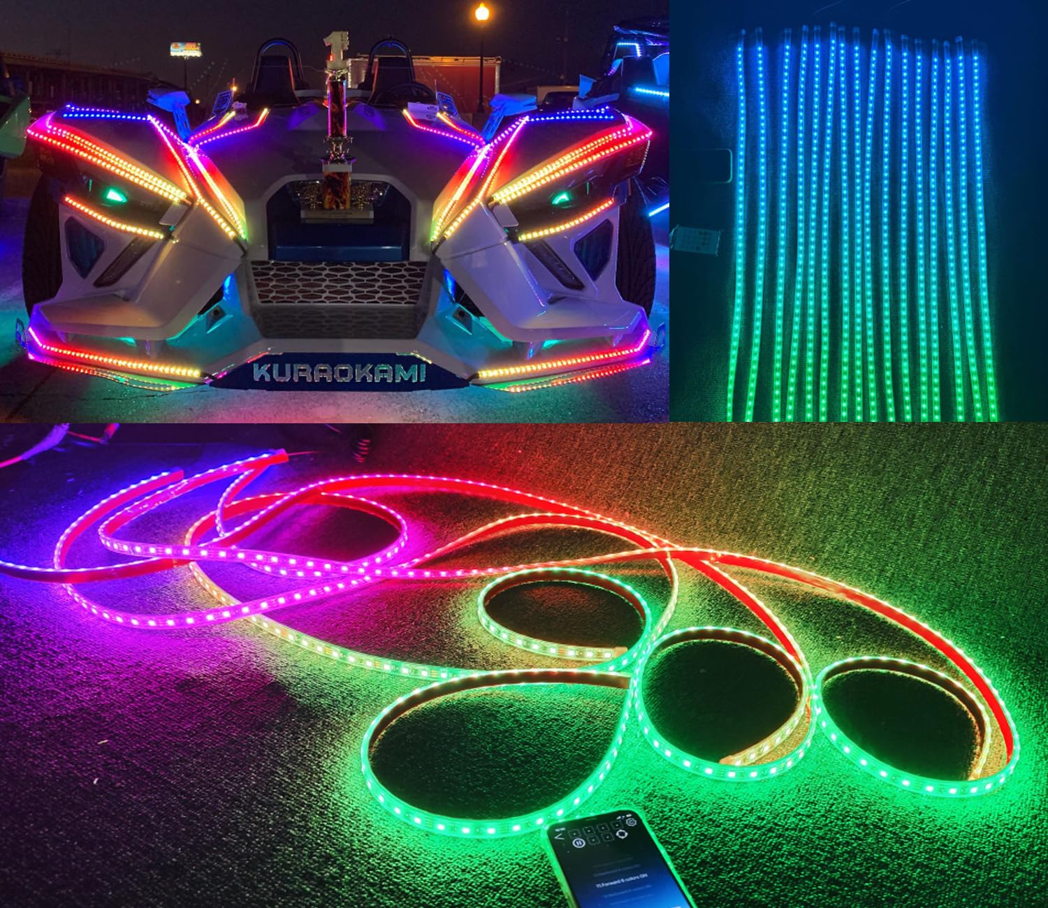 Tzvmny Lighting - 16PCS 2FT 24INCH 60CM IP68 Clear LEDs Dream Color Chasing Illuminated Strobe Flash Flow Series Music APP Voice APP Remote for Car Truck Hood Wheel Slingshot Ryker Spyder