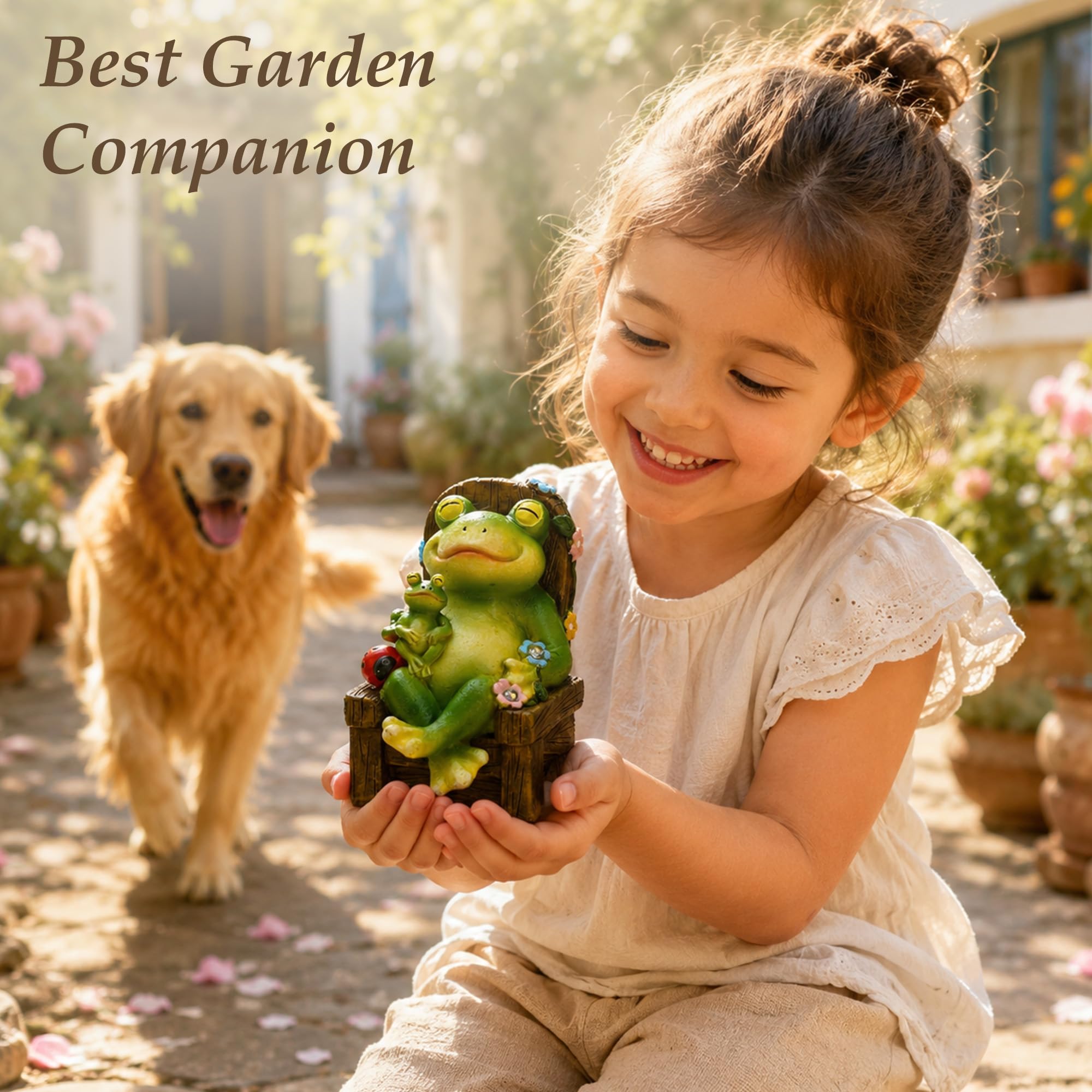 Yeomoo Statuette da giardino a energia solare con coccinelle e fiori, decorazione da giardino per esterni, divertente rana madre con bambino su sedia a dondolo, decorazione per soggiorno, giardino