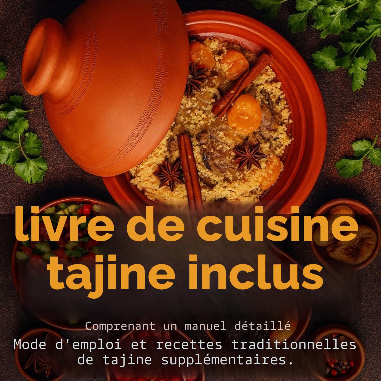 Plat à tajine artisanal Ø 30 cm + livre de recettes (français non garanti)