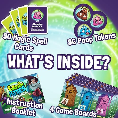 Miniatura 8 de Rookie Mage Games Portal Potties - Divertidos juegos de mesa de pie para adultos y niños, incluye cartas de juego, fichas de emoji de caca, tablas