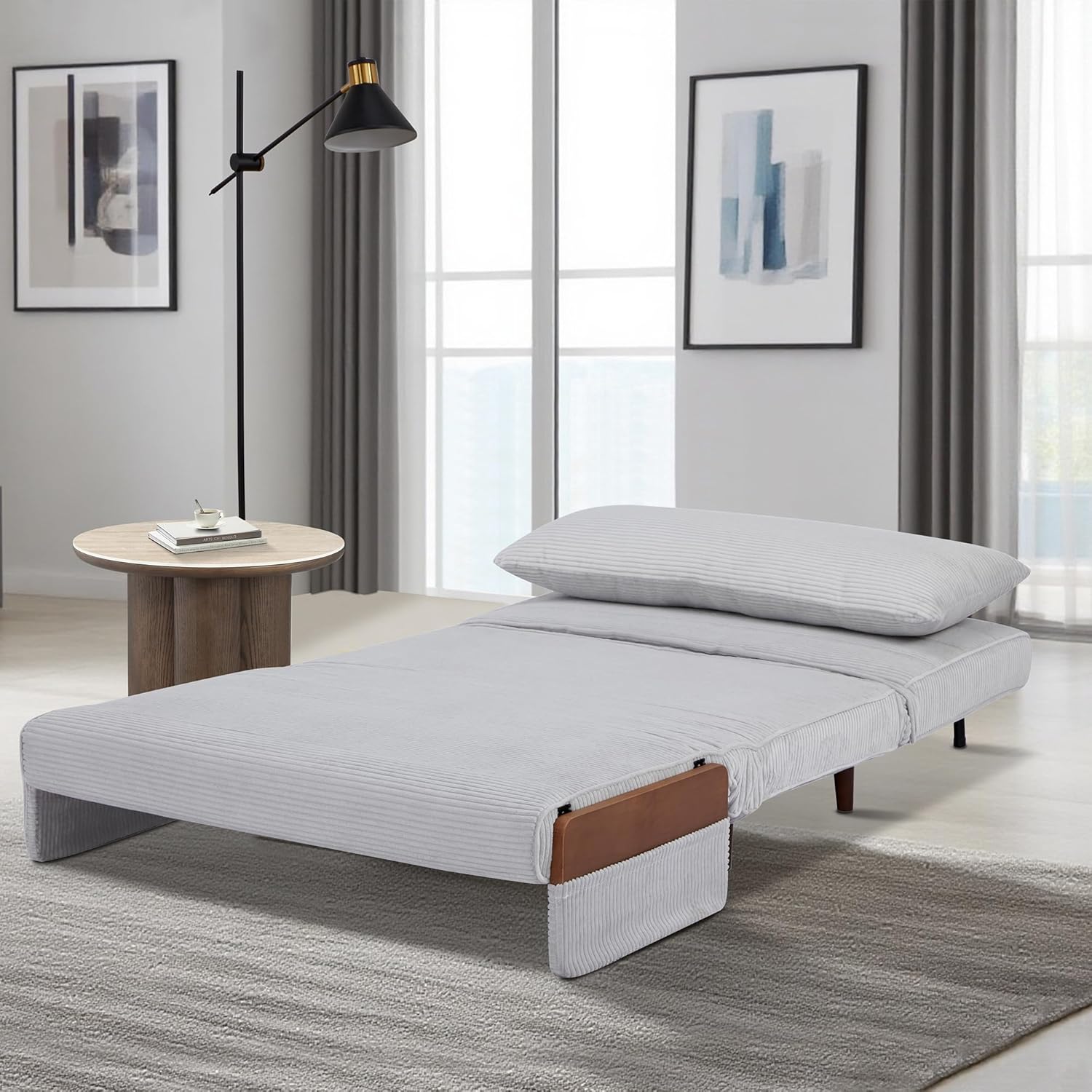 42" Convertible Sleeper Chair, 3-in-1 Chair Bed Sleeper for Adults with Adjustable Backrest, Pillow & Wooden Arms, Loveseat Sofa Bed for Apartment, Office, Light Gray